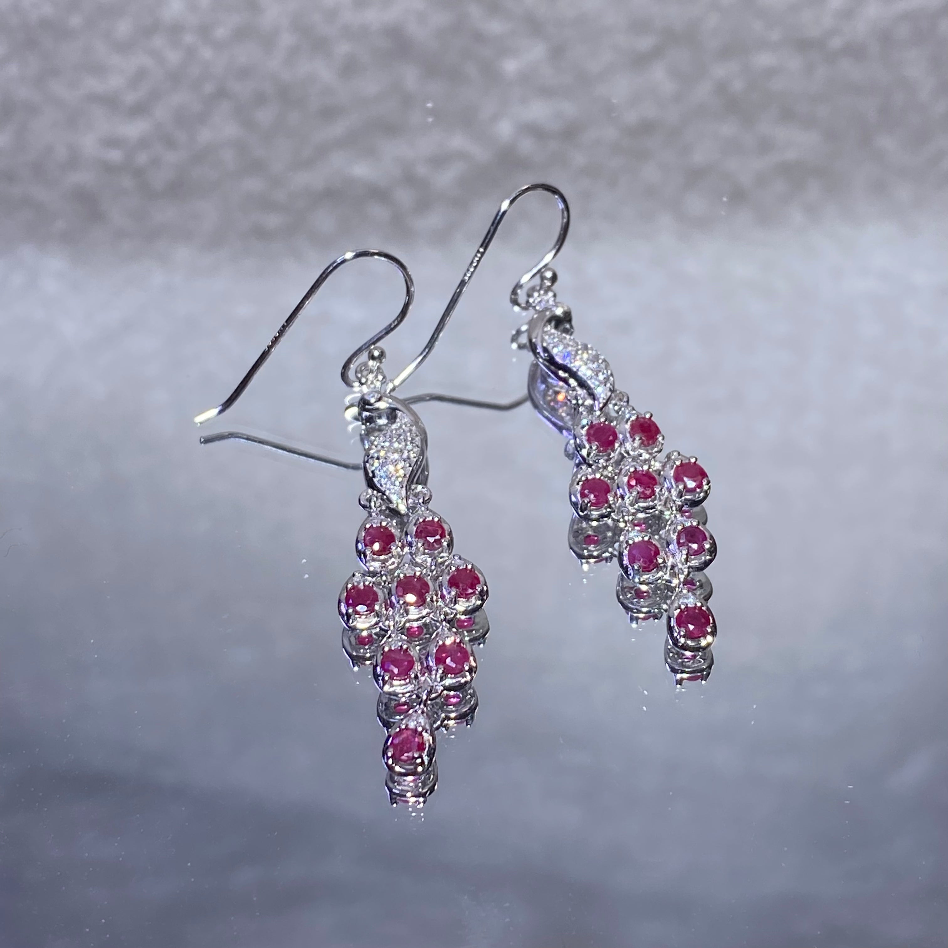 Gradient Vivid Red Lab Created Ruby Grape Cluster Long Drop Hook Earrings Fully Paved With Clear Shining Crystals Solid S925 Sterling Silver Elegant Romantic Fruition Dangle Earrings