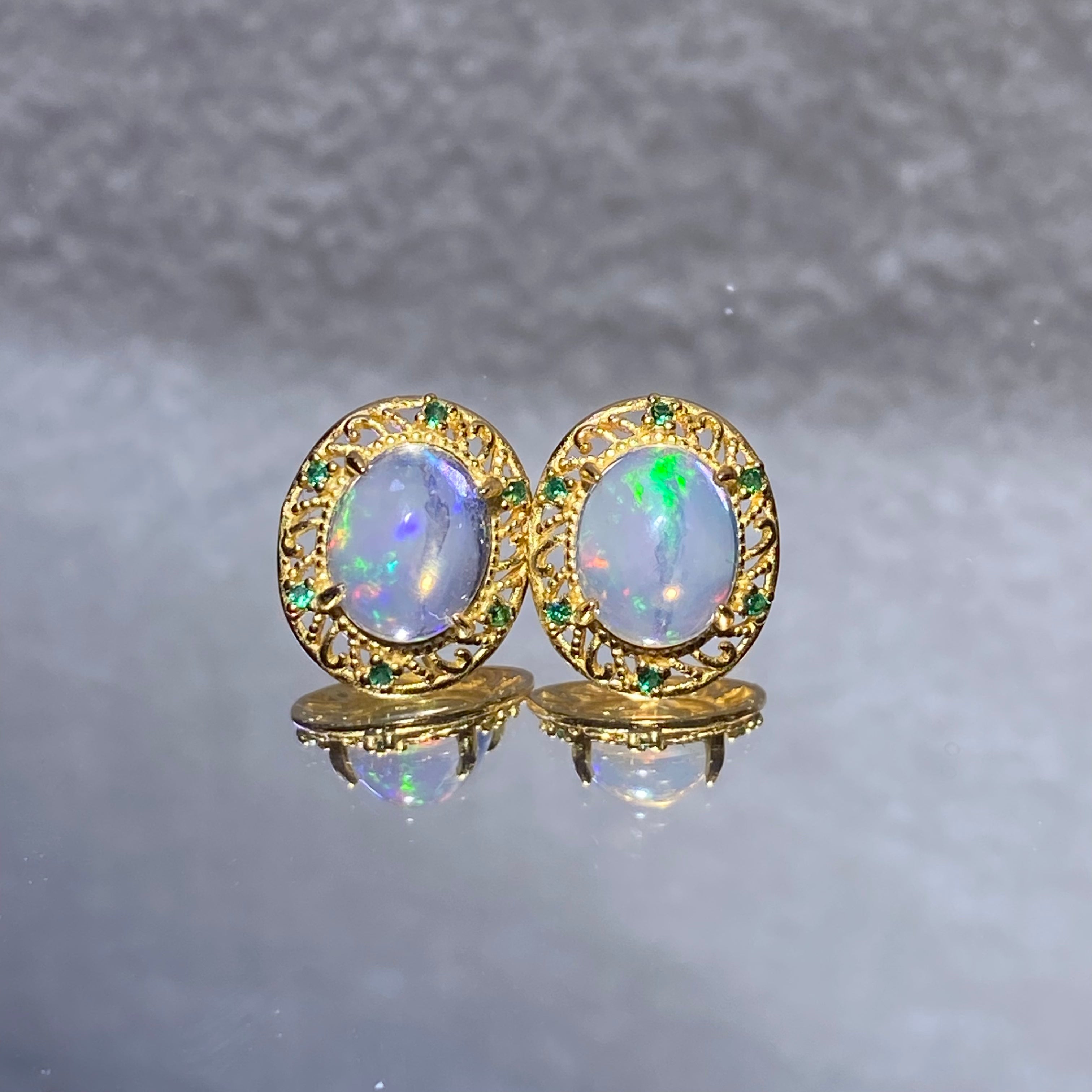 Oval Natural Multi-Color Play-of-Color Ethiopian Opal Vintage Filigree Hollow Gold-Plated Halo Stud Silver Earrings Dreamy iridescent rainbow lightweight hypoallergenic vintage daily & formal gold gem earrings