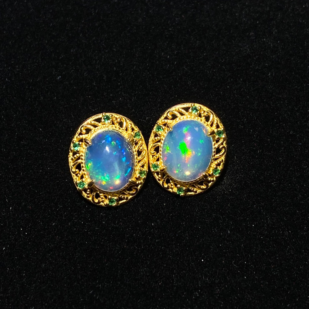 Oval Natural Multi-Color Play-of-Color Ethiopian Opal Vintage Filigree Hollow Gold-Plated Halo Stud Silver Earrings Dreamy iridescent rainbow lightweight hypoallergenic vintage daily & formal gold gem earrings