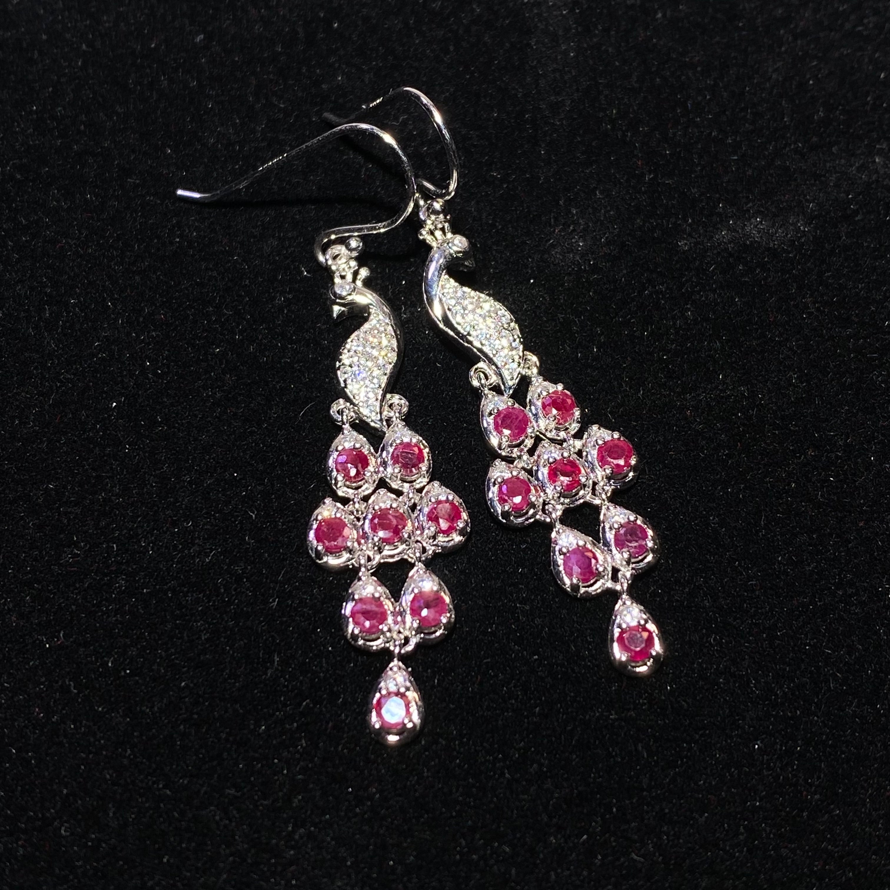 Gradient Vivid Red Lab Created Ruby Grape Cluster Long Drop Hook Earrings Fully Paved With Clear Shining Crystals Solid S925 Sterling Silver Elegant Romantic Fruition Dangle Earrings