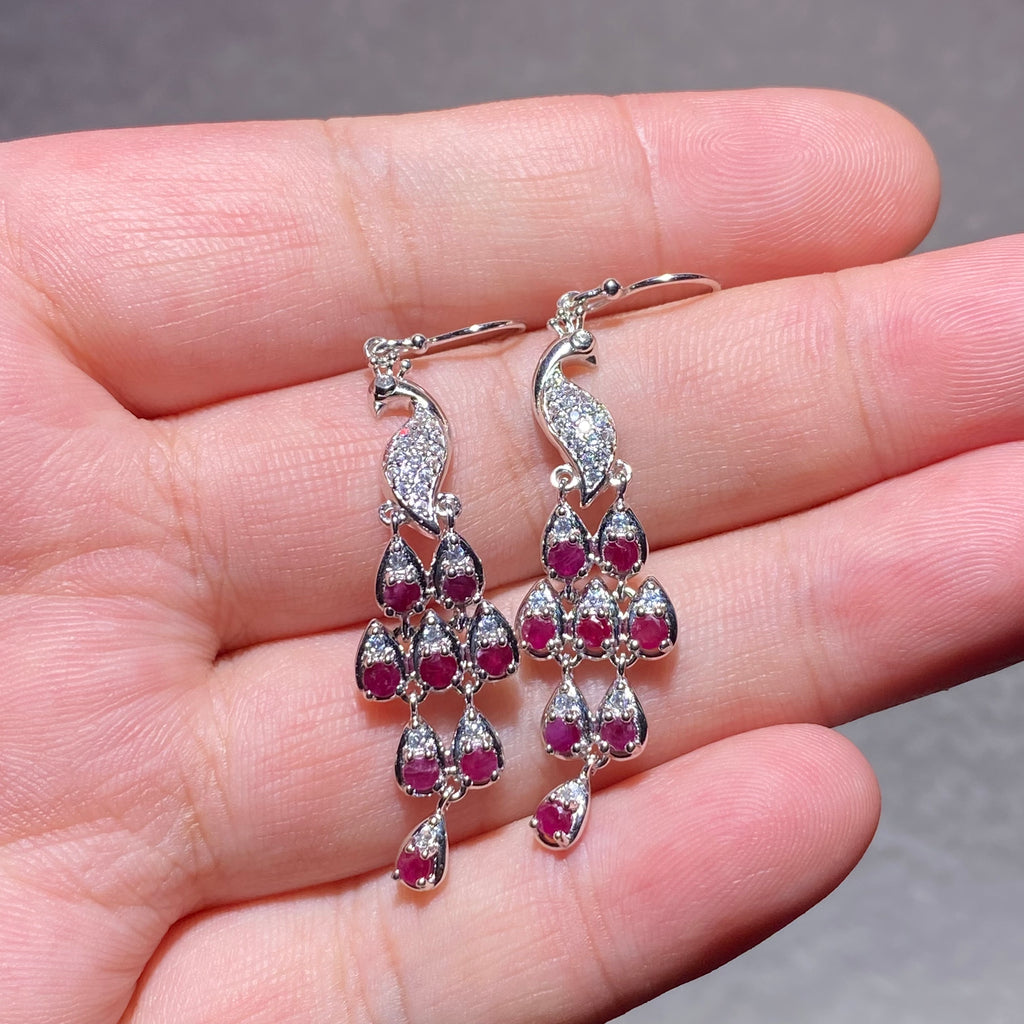 Gradient Vivid Red Lab Created Ruby Grape Cluster Long Drop Hook Earrings Fully Paved With Clear Shining Crystals Solid S925 Sterling Silver Elegant Romantic Fruition Dangle Earrings