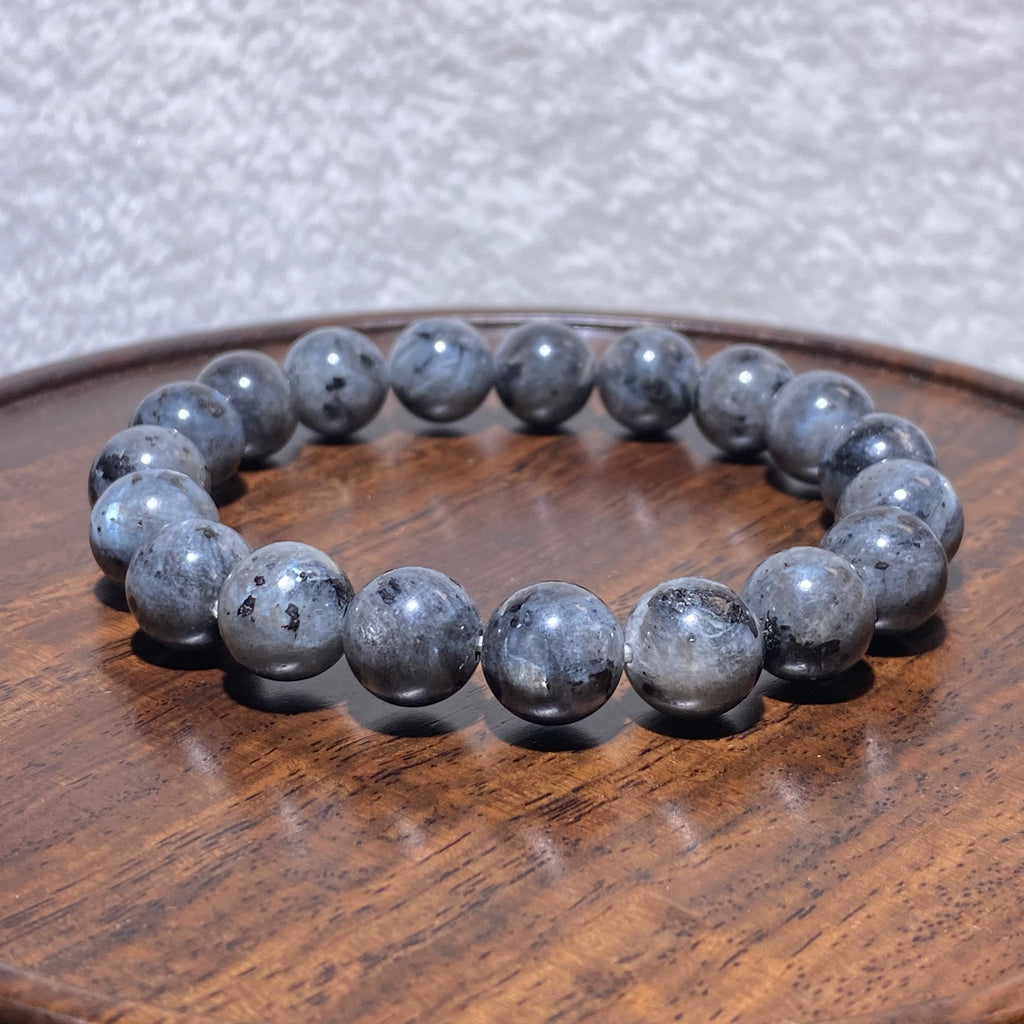 10.7mm 16cm Natural Ink Splash Grey-Blue Blue Amphibole Round Bead Stretch Single Strand Bracelet Misty smoky neutral lightweight unisex soothing crystal stackable bracelet