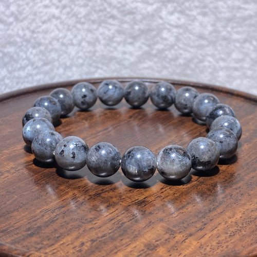 10.7mm 16cm Natural Ink Splash Grey-Blue Blue Amphibole Round Bead Stretch Single Strand Bracelet Misty smoky neutral lightweight unisex soothing crystal stackable bracelet