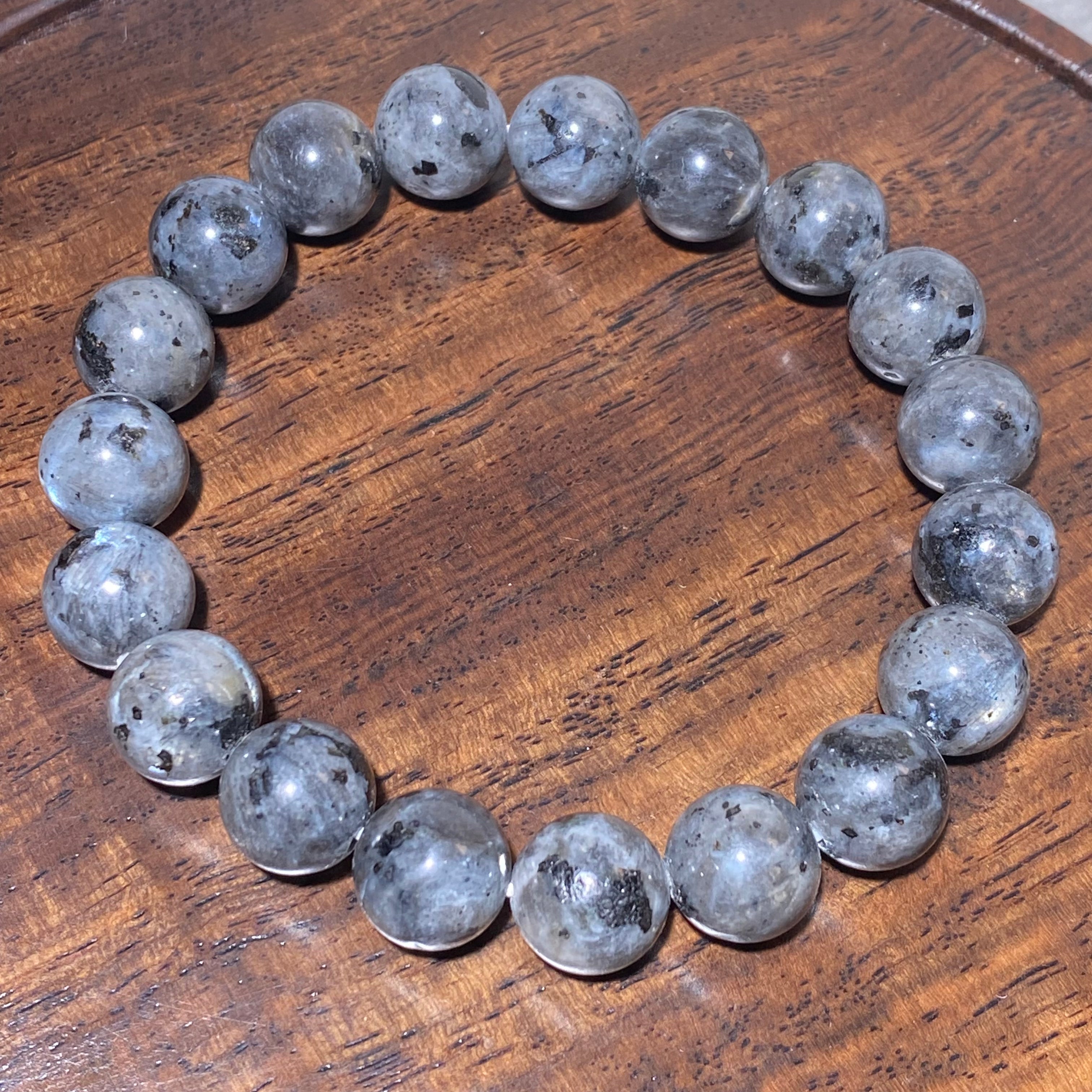 10.7mm 16cm Natural Ink Splash Grey-Blue Blue Amphibole Round Bead Stretch Single Strand Bracelet Misty smoky neutral lightweight unisex soothing crystal stackable bracelet