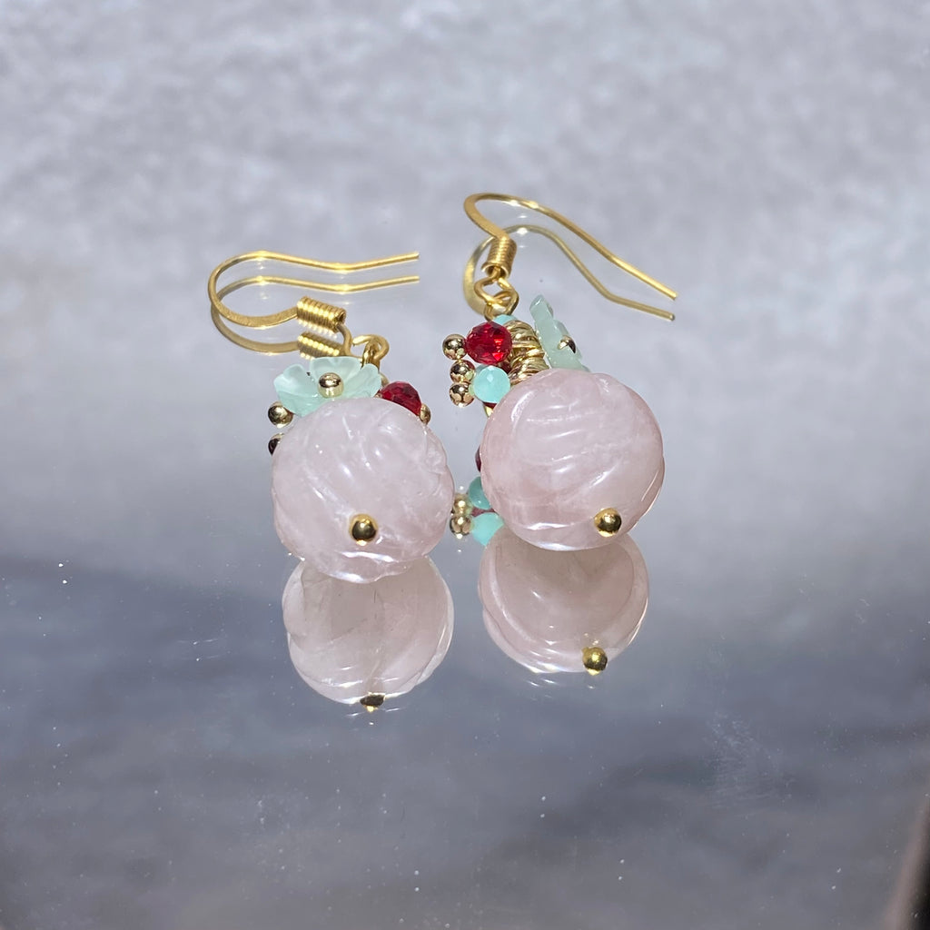 Double Layer Hand Carved Natural Soft Pink Rose Quartz Lotus Gold Plated Hook Drop Earrings Gentle oriental romantic lightweight hypoallergenic vintage floral daily & hanfu dangle earrings