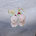 Double Layer Hand Carved Natural Soft Pink Rose Quartz Lotus Gold Plated Hook Drop Earrings Gentle oriental romantic lightweight hypoallergenic vintage floral daily & hanfu dangle earrings