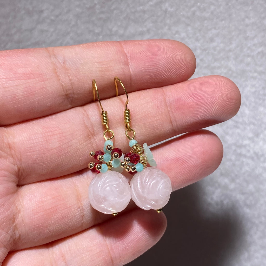 Double Layer Hand Carved Natural Soft Pink Rose Quartz Lotus Gold Plated Hook Drop Earrings Gentle oriental romantic lightweight hypoallergenic vintage floral daily & hanfu dangle earrings