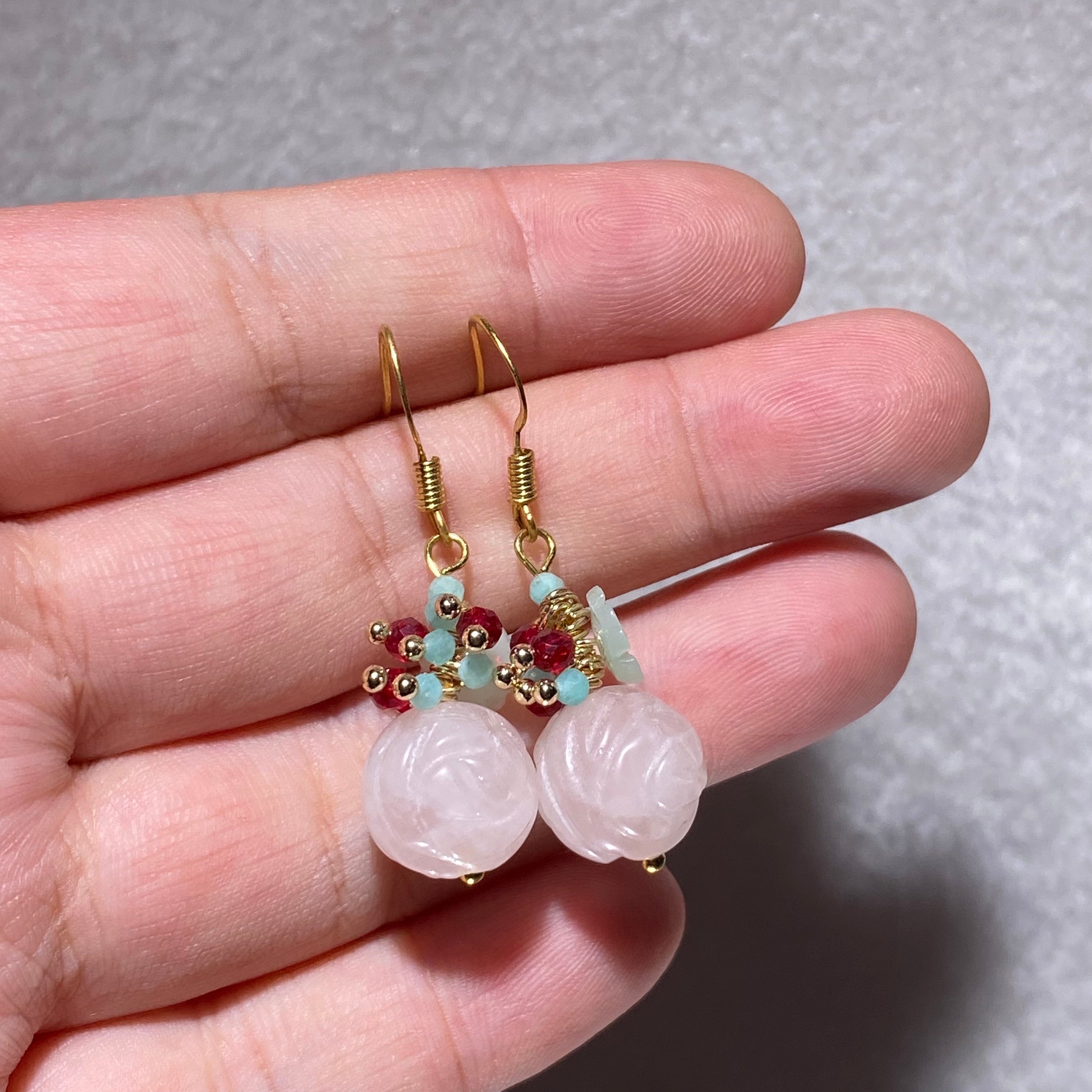 Double Layer Hand Carved Natural Soft Pink Rose Quartz Lotus Gold Plated Hook Drop Earrings Gentle oriental romantic lightweight hypoallergenic vintage floral daily & hanfu dangle earrings