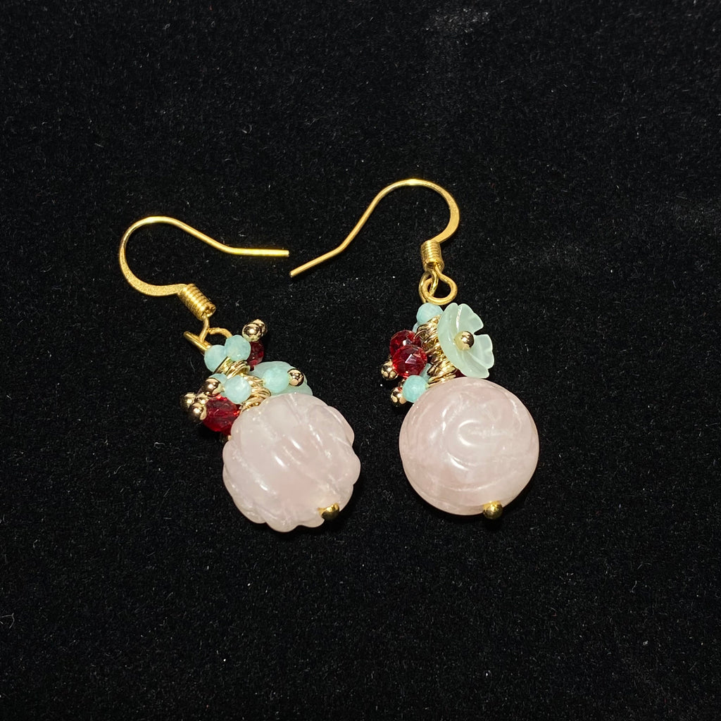 Double Layer Hand Carved Natural Soft Pink Rose Quartz Lotus Gold Plated Hook Drop Earrings Gentle oriental romantic lightweight hypoallergenic vintage floral daily & hanfu dangle earrings