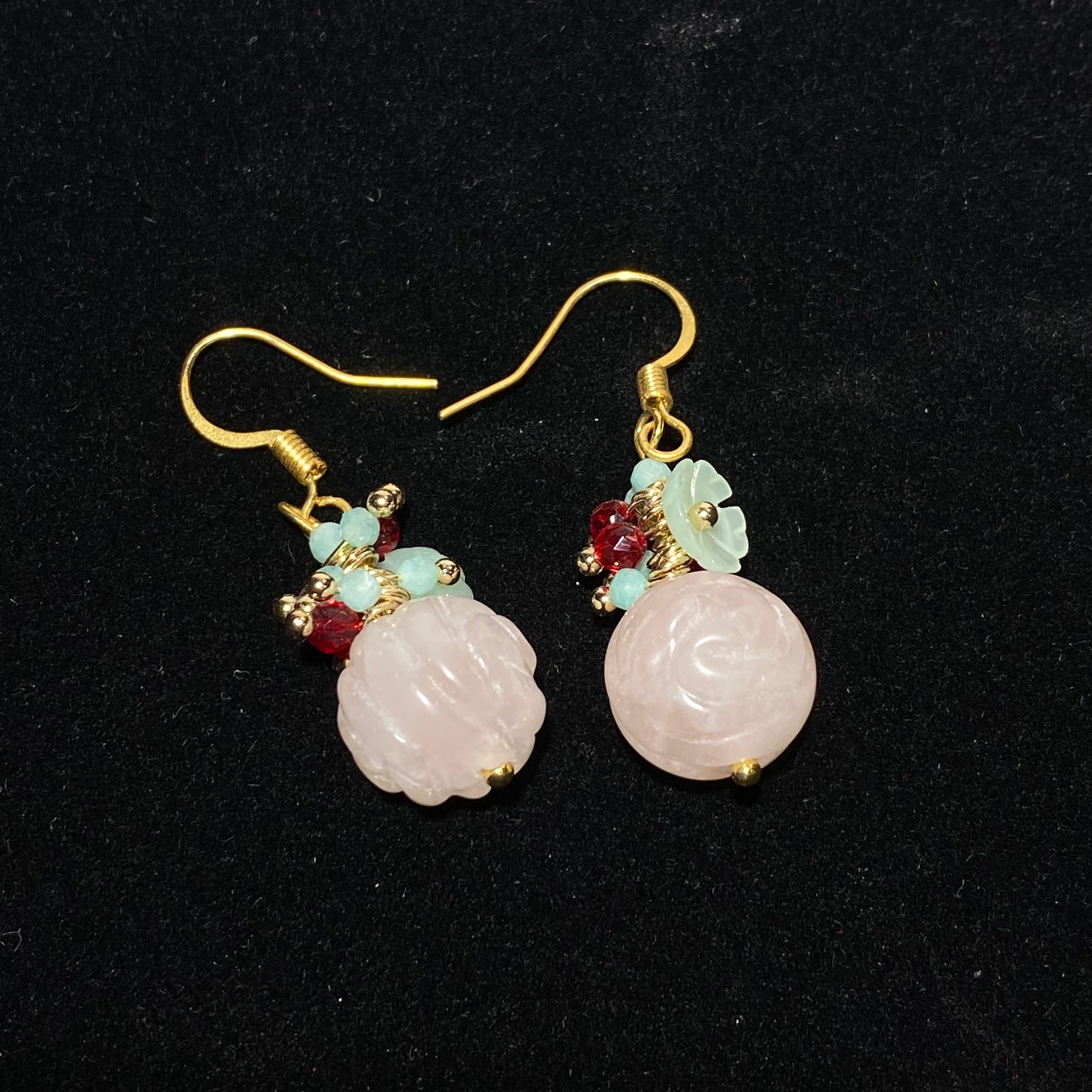 Double Layer Hand Carved Natural Soft Pink Rose Quartz Lotus Gold Plated Hook Drop Earrings Gentle oriental romantic lightweight hypoallergenic vintage floral daily & hanfu dangle earrings