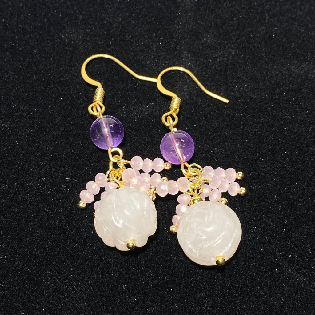 Hand Carved Milky Natural Rose Quartz Rose Flower Drop Hook Earrings With Round Amethyst & Mini Pink Crystal Cluster Gold Plated Lightweight Romantic Dangle Earrings