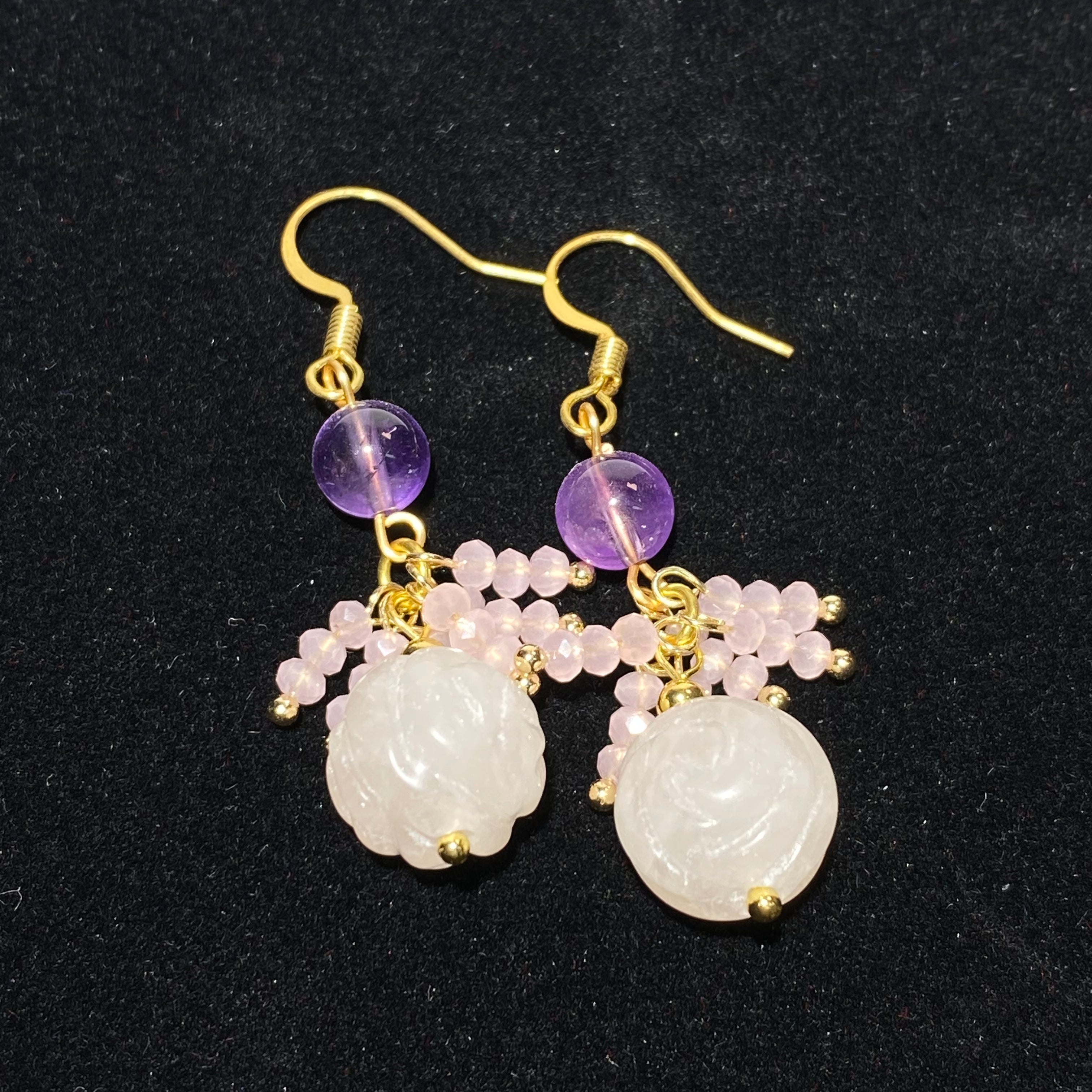 Hand Carved Milky Natural Rose Quartz Rose Flower Drop Hook Earrings With Round Amethyst & Mini Pink Crystal Cluster Gold Plated Lightweight Romantic Dangle Earrings