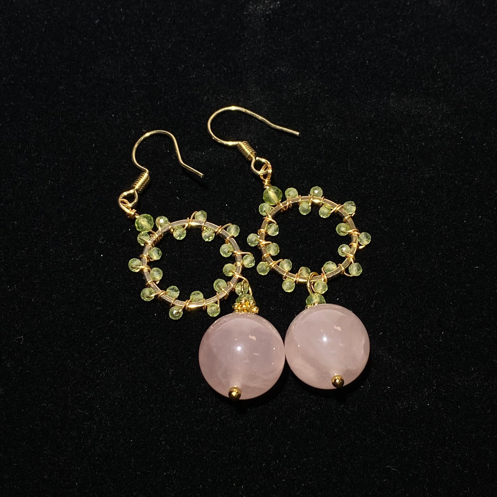 Dual Round Milky Natural Rose Quartz Drop Hook Earrings With Hand Woven Peridot Circle Frame Gold Plated Gentle Pastel Lightweight Layered Dangle Earrings