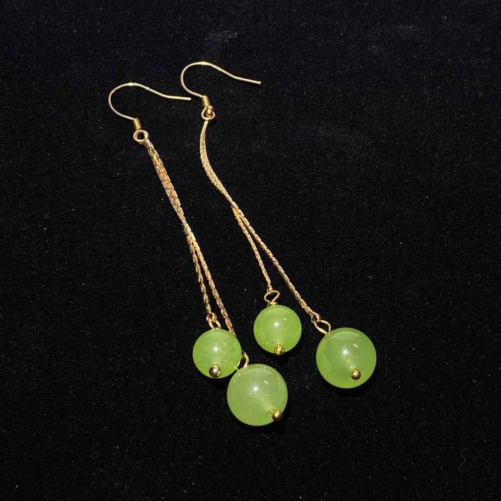 Two Round Natural Translucent Mint Light Green Prehnite Asymmetrical Long Thin Chain Tassel Hook Drop Earrings Gold Plated Lightweight Fresh Summer Calming Crystal Dangle Earrings