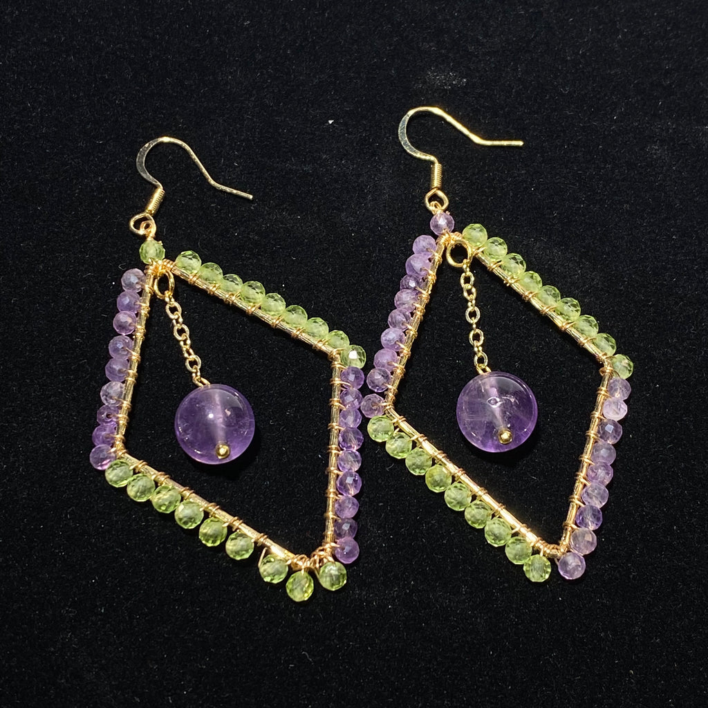 Hand Wire Woven Dual Natural Peridot & Amethyst Rhombus Hollow Frame Drop Hook Earrings Gold Plated Fresh Purple & Lime Green Geometric Layered Crystal Dangle Earrings