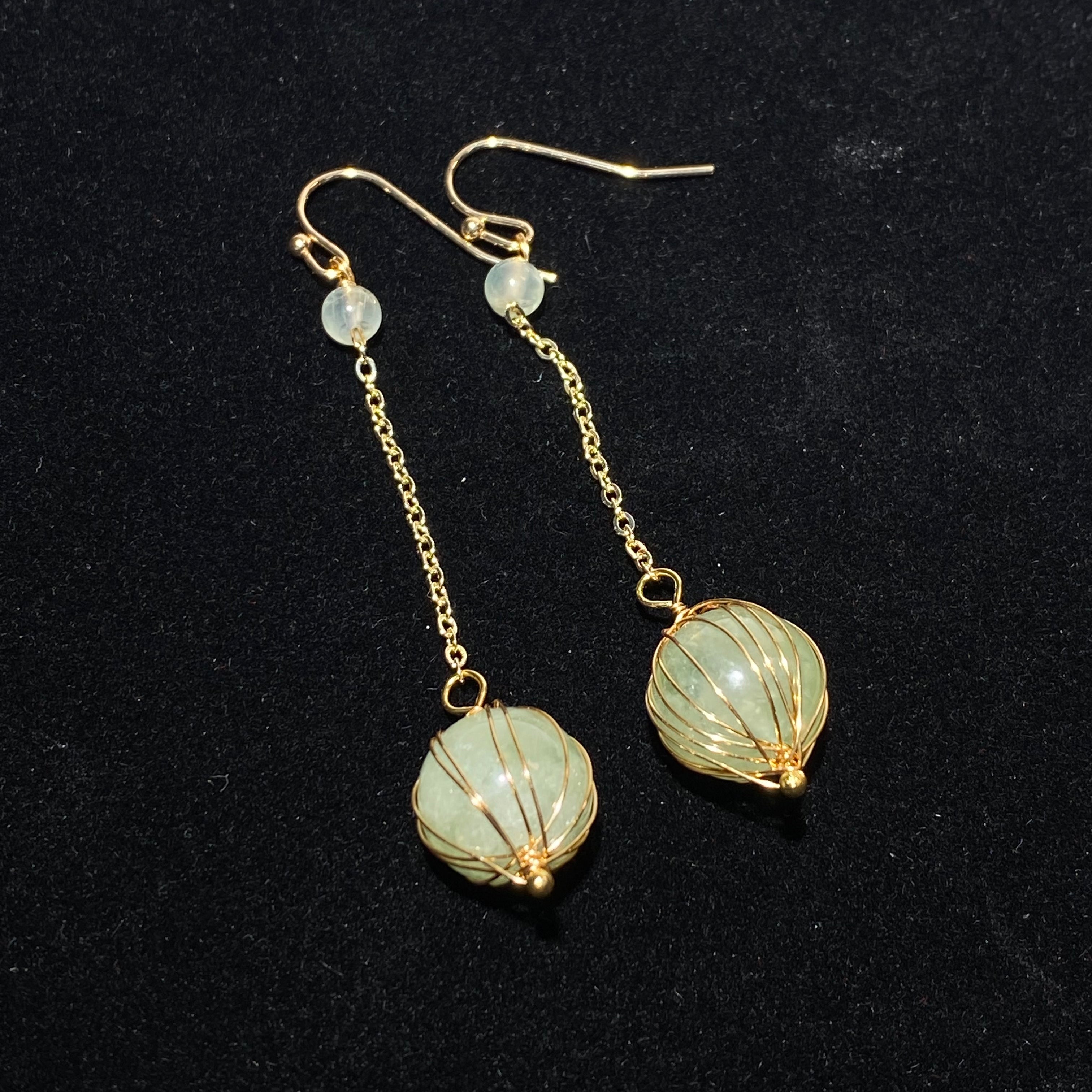 Elegant Natural Prehnite Floral Bud Hand Wire Wrapped Long Chain Drop Earrings Gold Plated Fresh Calming Healing Crystal Dangle Earrings