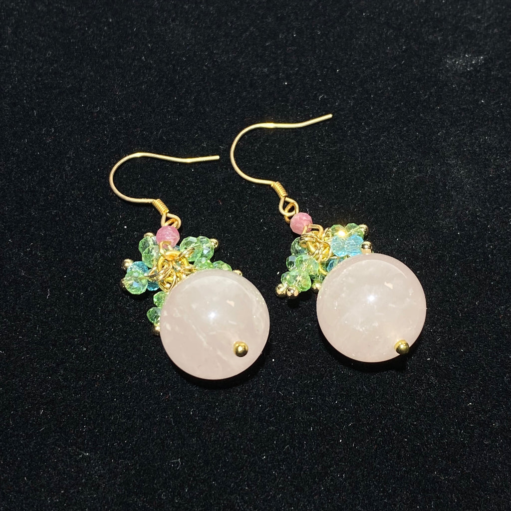 Oversize Smooth Milky Pale Pink Rose Quartz Floral Cluster Drop Hook Earrings With Fresh Peridot & Aquamarine Mini Beads Gold Plated Lightweight Soft Pastel Summer Crystal Dangle Earrings