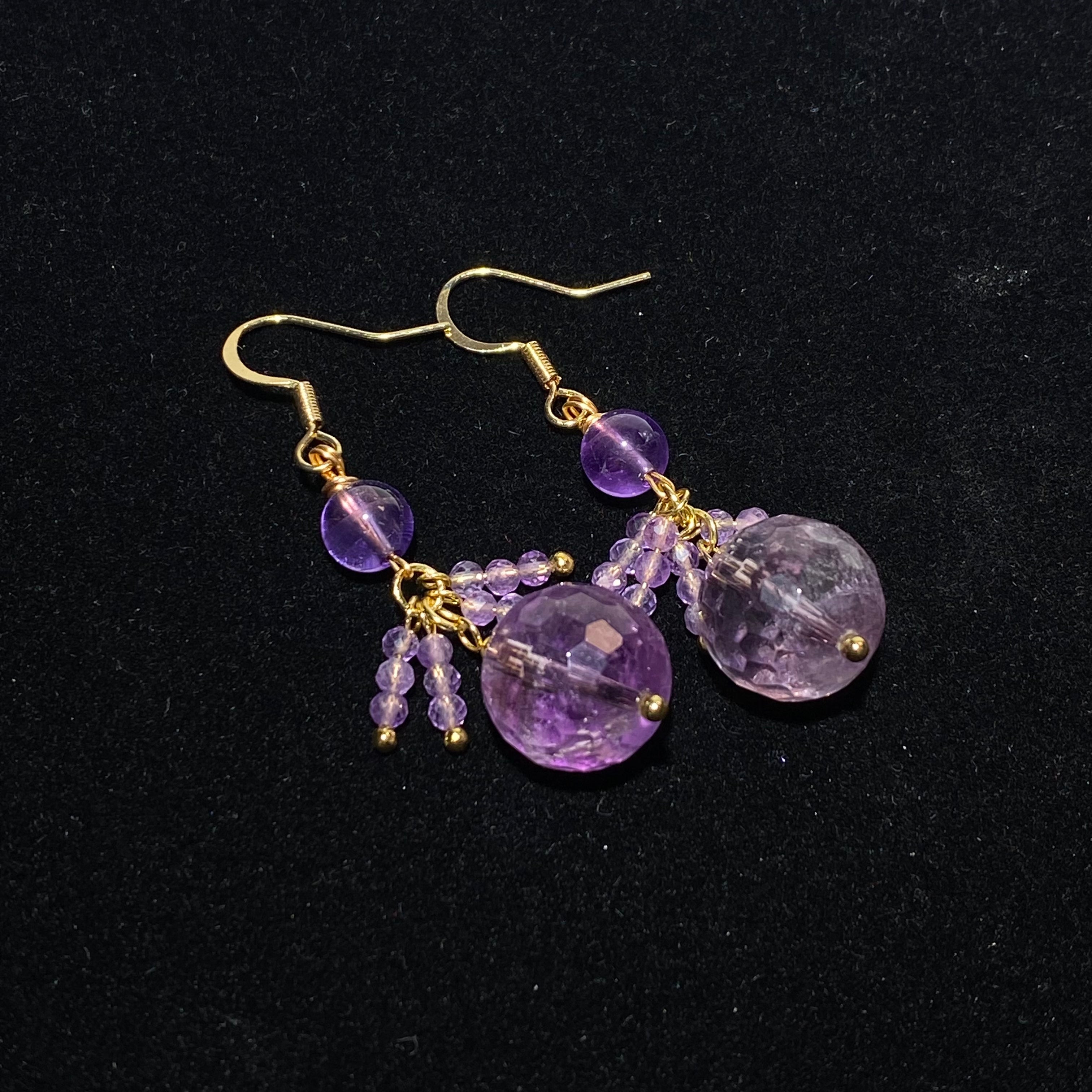Large Faceted Transparent Lavender Natural Amethyst Tassel Cluster Long Drop Hook Earrings Gold Plated Elegant Serene Third Eye Crystal Dangle Earrings