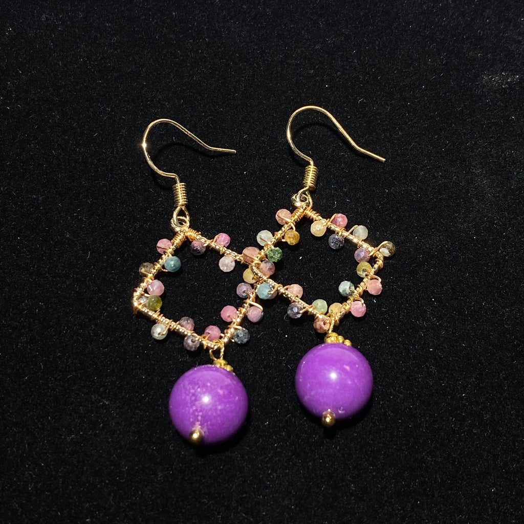 Hand Wire Wrapped Rainbow Multi-Color Tourmaline Hollow Rhombus Frame Drop Hook Earrings With Large Smooth Natural Violet Sugilite Pendant Gold Plated Bold Two-Tone Geometric Crystal Dangle Earrings