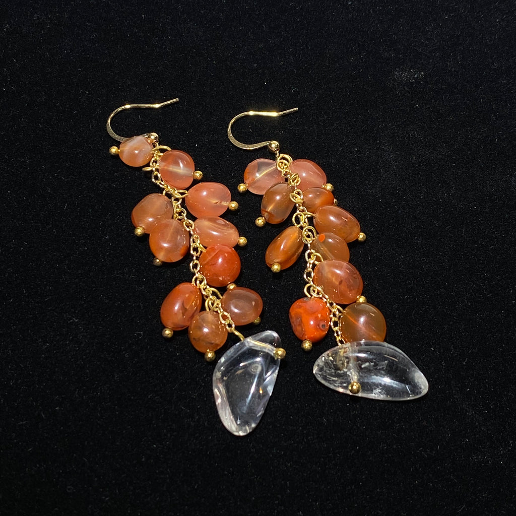 Gradient Sunset Orange Natural Red Agate Grape Cluster Multi-Strand Tassel Drop Hook Earrings With Double Stack Polished Freeform Clear Quartz Teardrop Pendant Gold Plated Warm Autumn Vitality Sacral Chakra Crystal Dangle Earrings