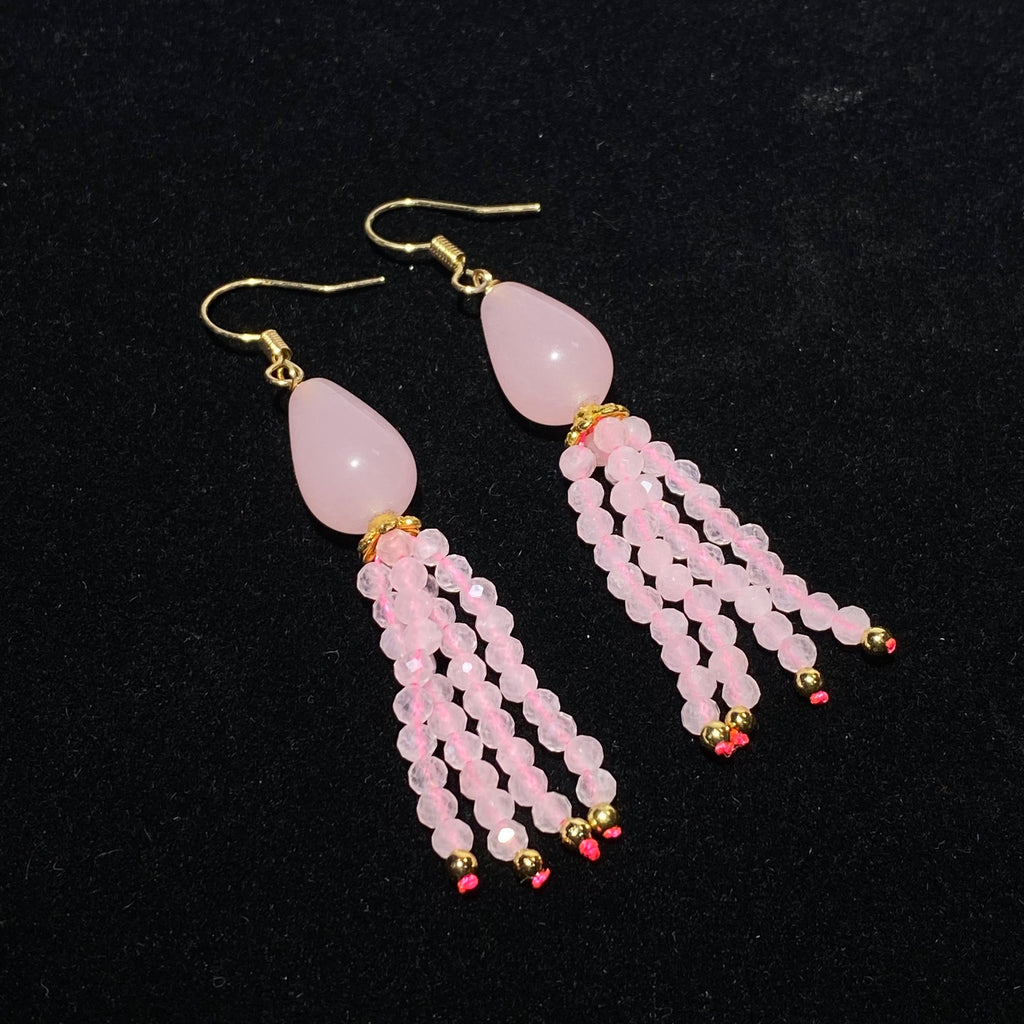 Smooth Milky Pale Pink Rose Quartz Teardrop Multi-Strand Mini Faceted Crystal Tassel Drop Hook Earrings Gold Plated Lightweight Romantic Heart Chakra Pastel Pink Dangle Earrings