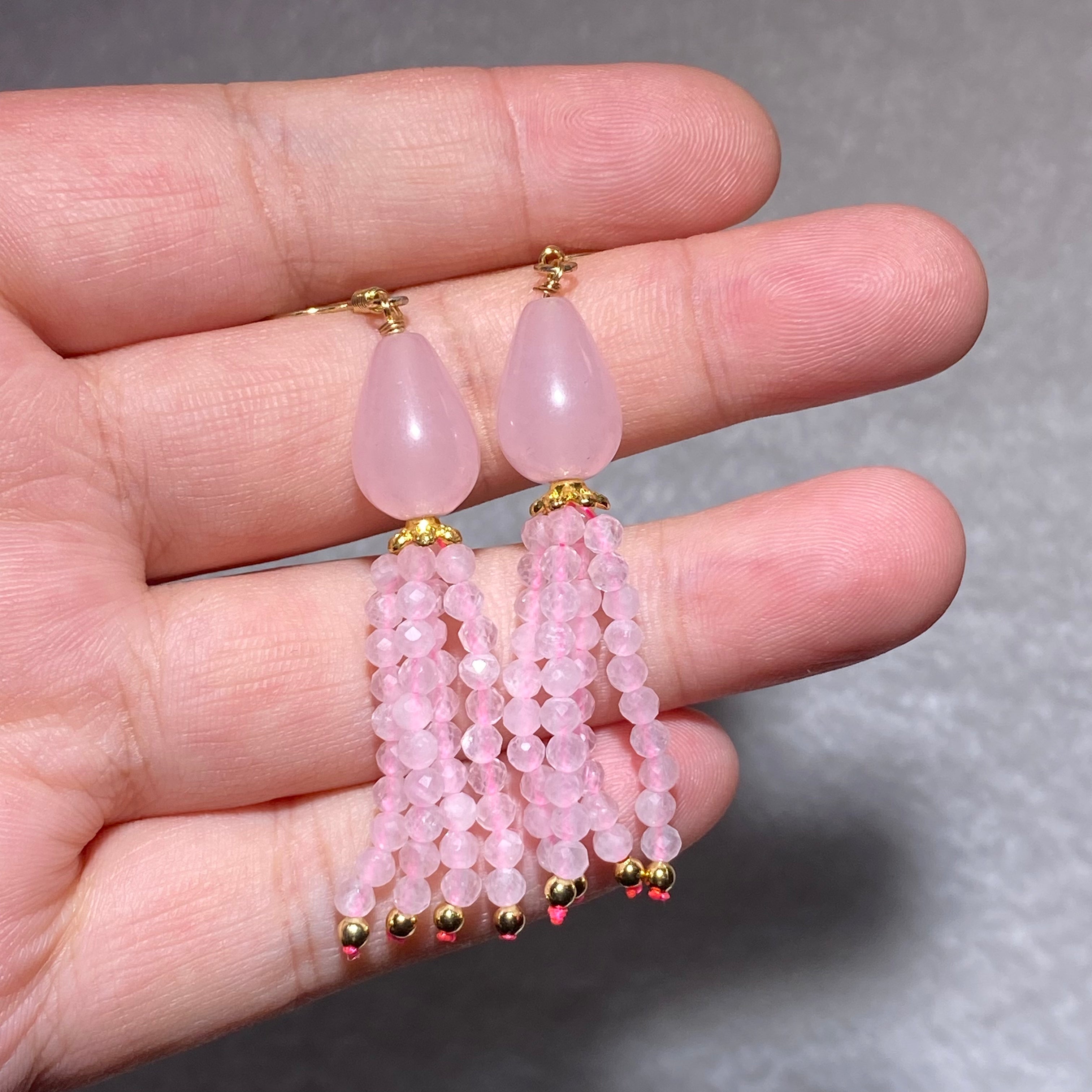 Smooth Milky Pale Pink Rose Quartz Teardrop Multi-Strand Mini Faceted Crystal Tassel Drop Hook Earrings Gold Plated Lightweight Romantic Heart Chakra Pastel Pink Dangle Earrings