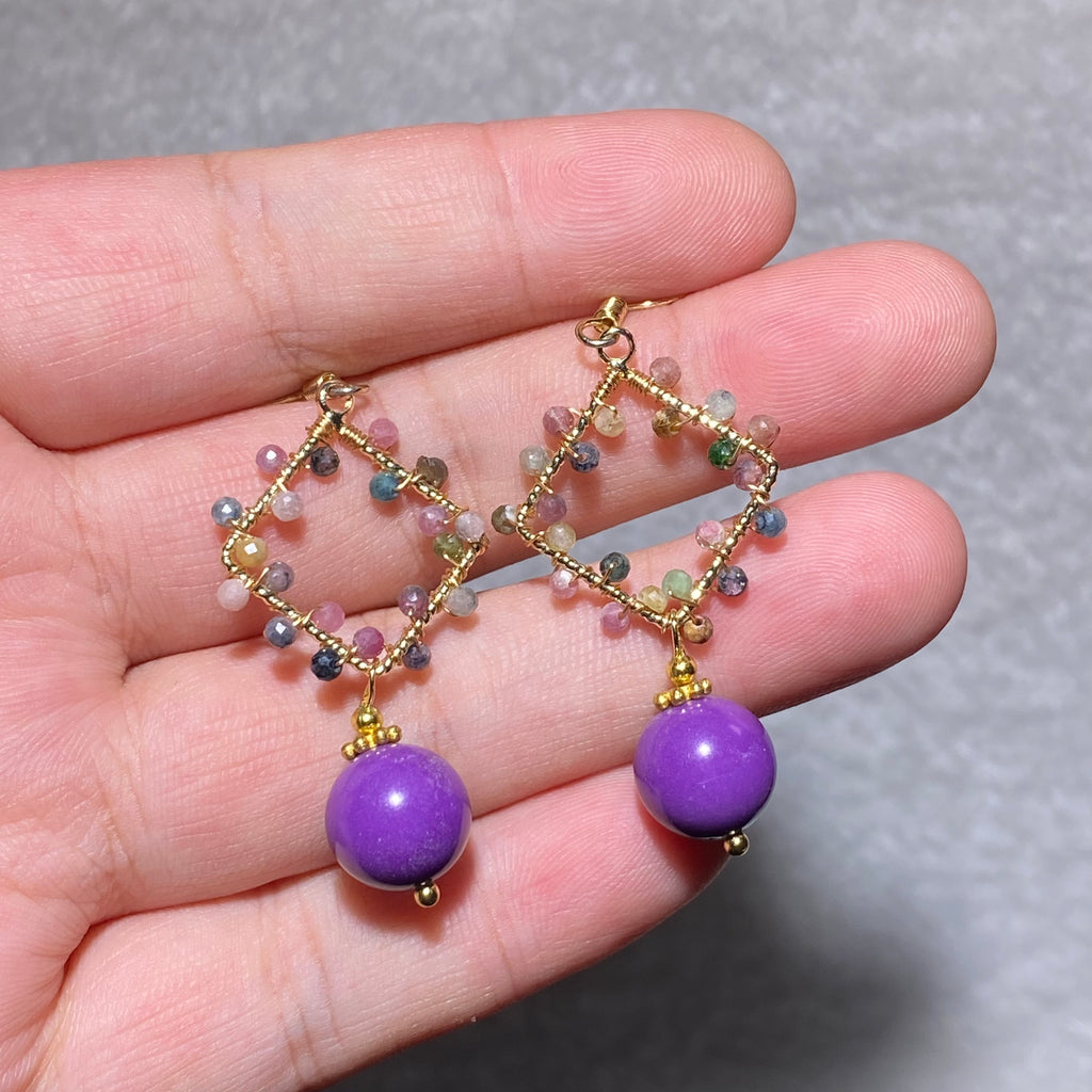 Hand Wire Wrapped Rainbow Multi-Color Tourmaline Hollow Rhombus Frame Drop Hook Earrings With Large Smooth Natural Violet Sugilite Pendant Gold Plated Bold Two-Tone Geometric Crystal Dangle Earrings