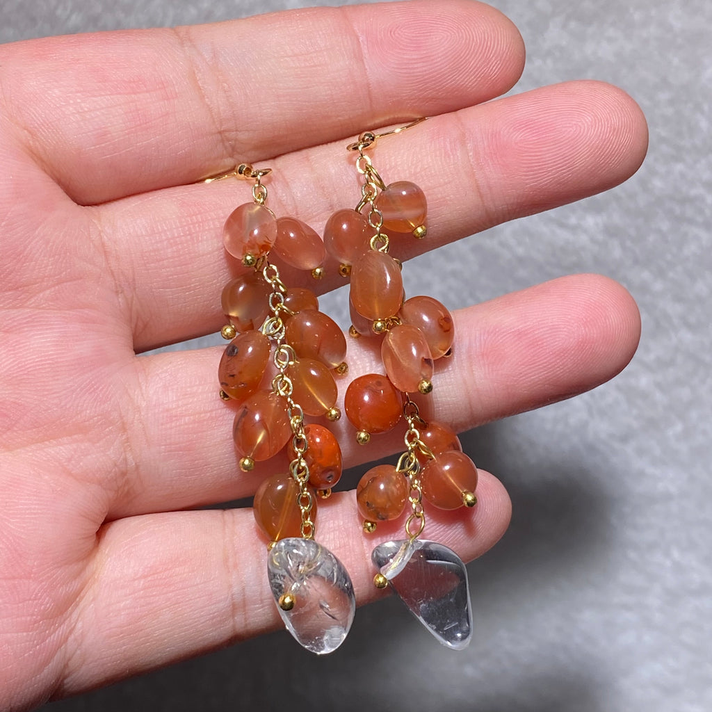 Gradient Sunset Orange Natural Red Agate Grape Cluster Multi-Strand Tassel Drop Hook Earrings With Double Stack Polished Freeform Clear Quartz Teardrop Pendant Gold Plated Warm Autumn Vitality Sacral Chakra Crystal Dangle Earrings