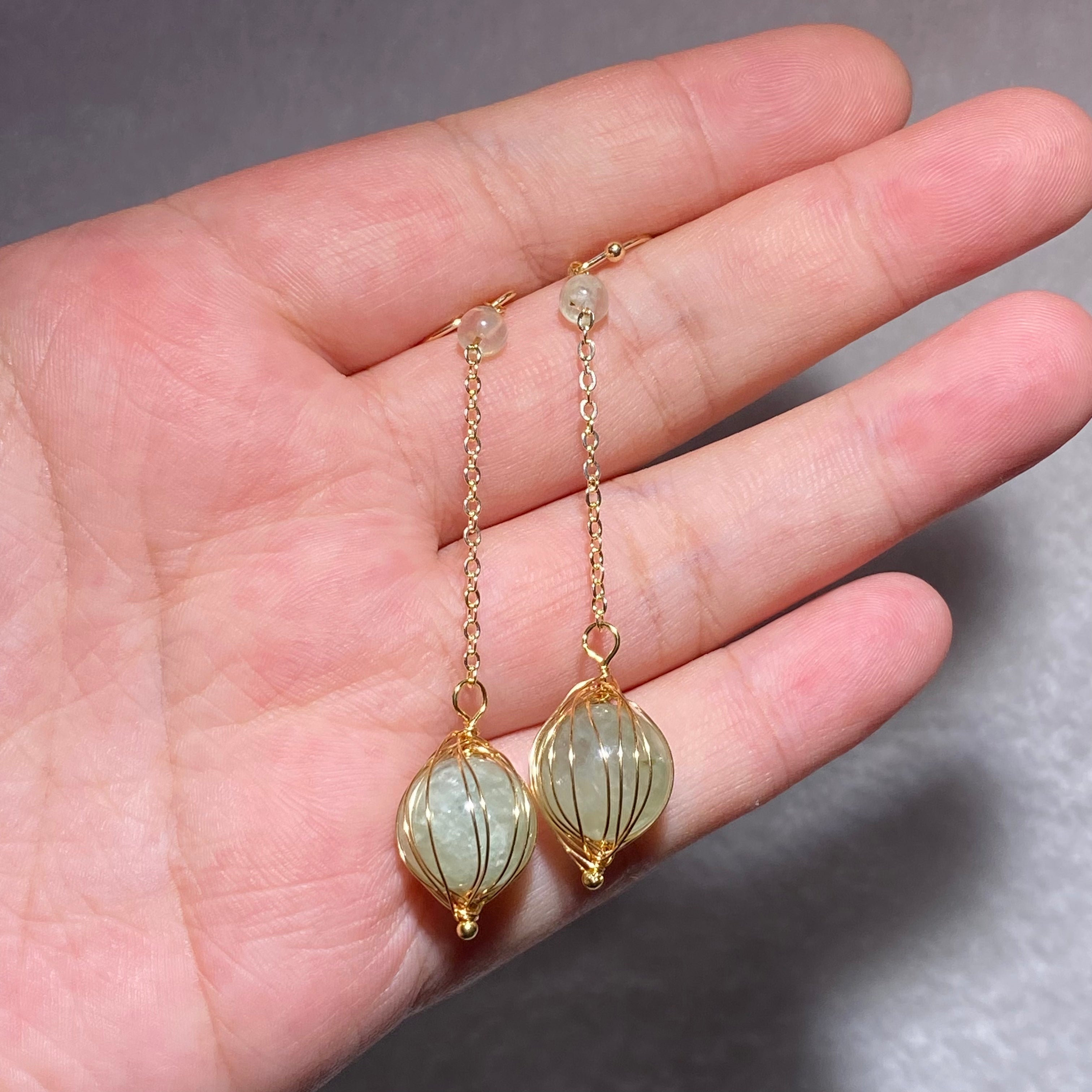Elegant Natural Prehnite Floral Bud Hand Wire Wrapped Long Chain Drop Earrings Gold Plated Fresh Calming Healing Crystal Dangle Earrings