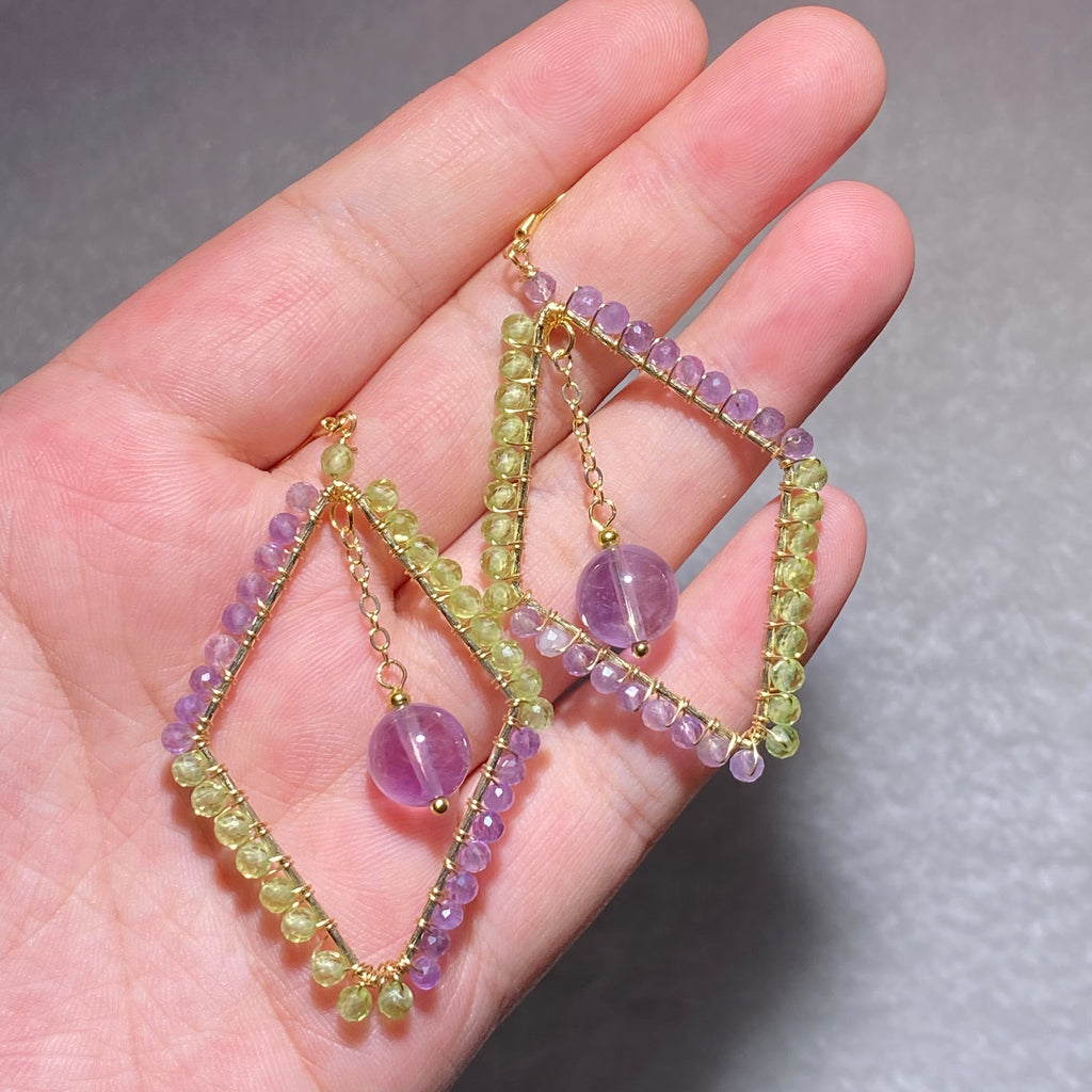 Hand Wire Woven Dual Natural Peridot & Amethyst Rhombus Hollow Frame Drop Hook Earrings Gold Plated Fresh Purple & Lime Green Geometric Layered Crystal Dangle Earrings