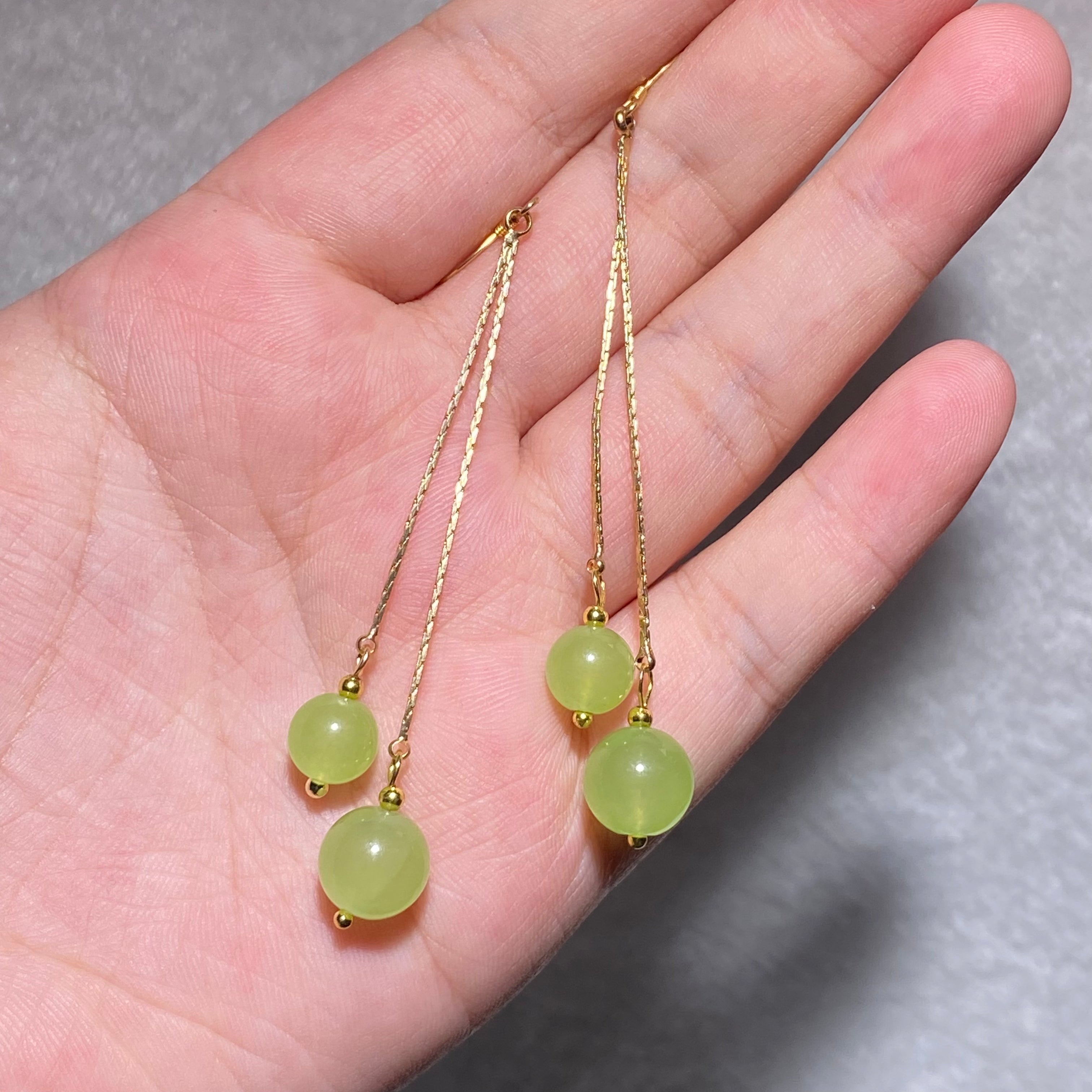 Two Round Natural Translucent Mint Light Green Prehnite Asymmetrical Long Thin Chain Tassel Hook Drop Earrings Gold Plated Lightweight Fresh Summer Calming Crystal Dangle Earrings