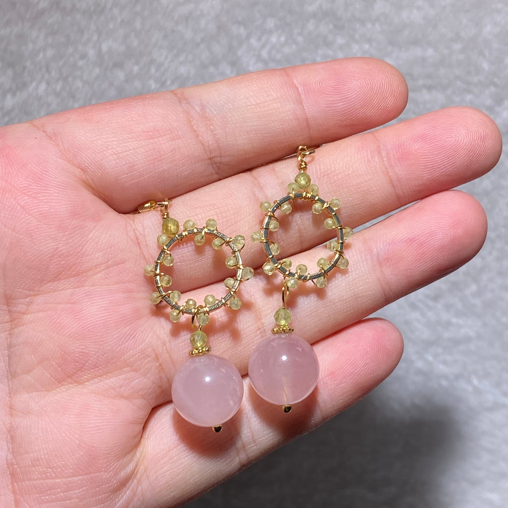 Dual Round Milky Natural Rose Quartz Drop Hook Earrings With Hand Woven Peridot Circle Frame Gold Plated Gentle Pastel Lightweight Layered Dangle Earrings
