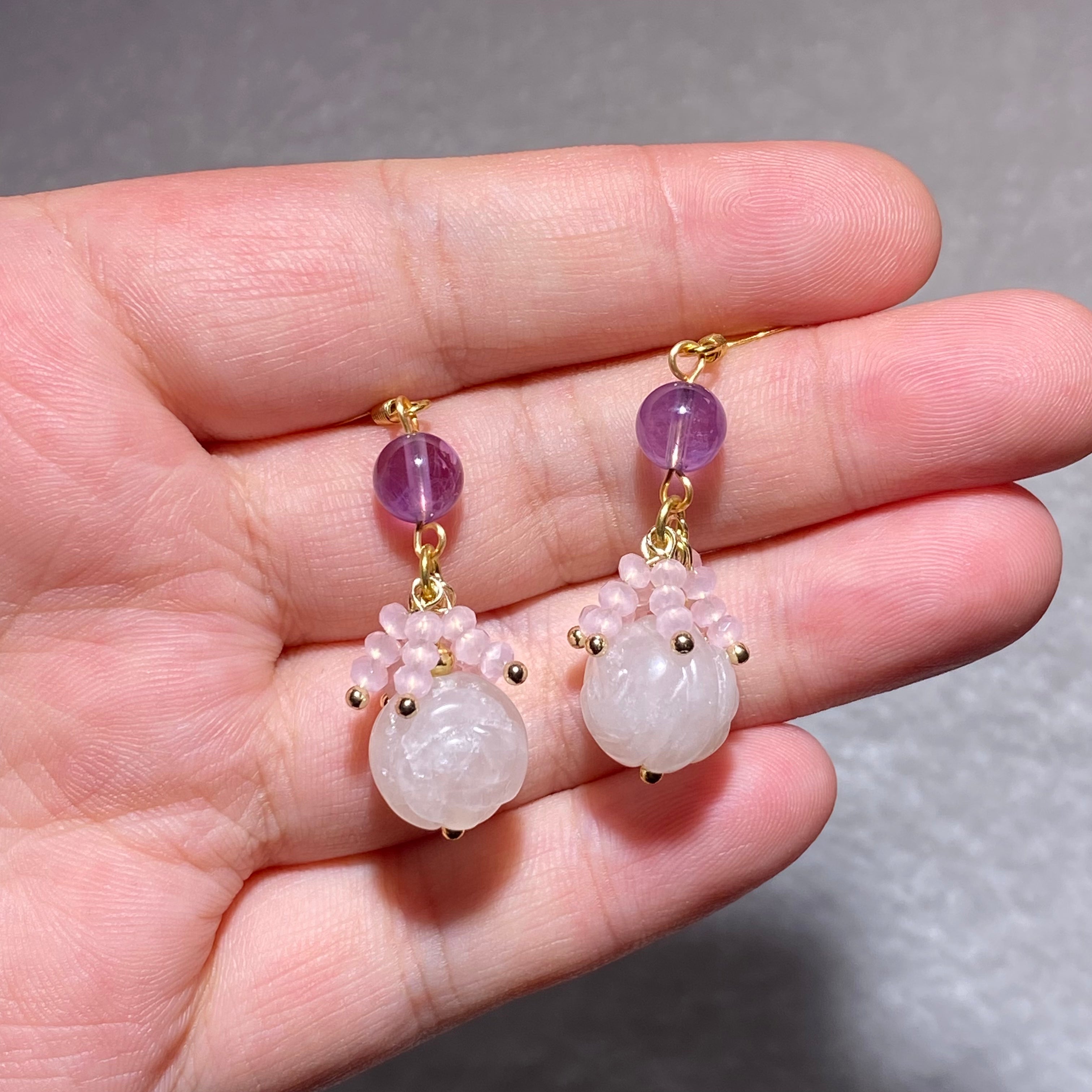 Hand Carved Milky Natural Rose Quartz Rose Flower Drop Hook Earrings With Round Amethyst & Mini Pink Crystal Cluster Gold Plated Lightweight Romantic Dangle Earrings