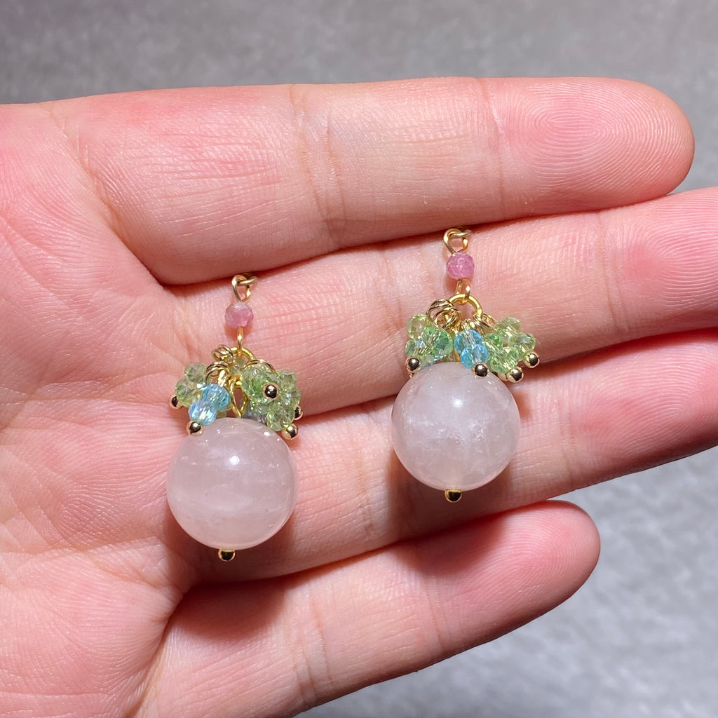 Oversize Smooth Milky Pale Pink Rose Quartz Floral Cluster Drop Hook Earrings With Fresh Peridot & Aquamarine Mini Beads Gold Plated Lightweight Soft Pastel Summer Crystal Dangle Earrings