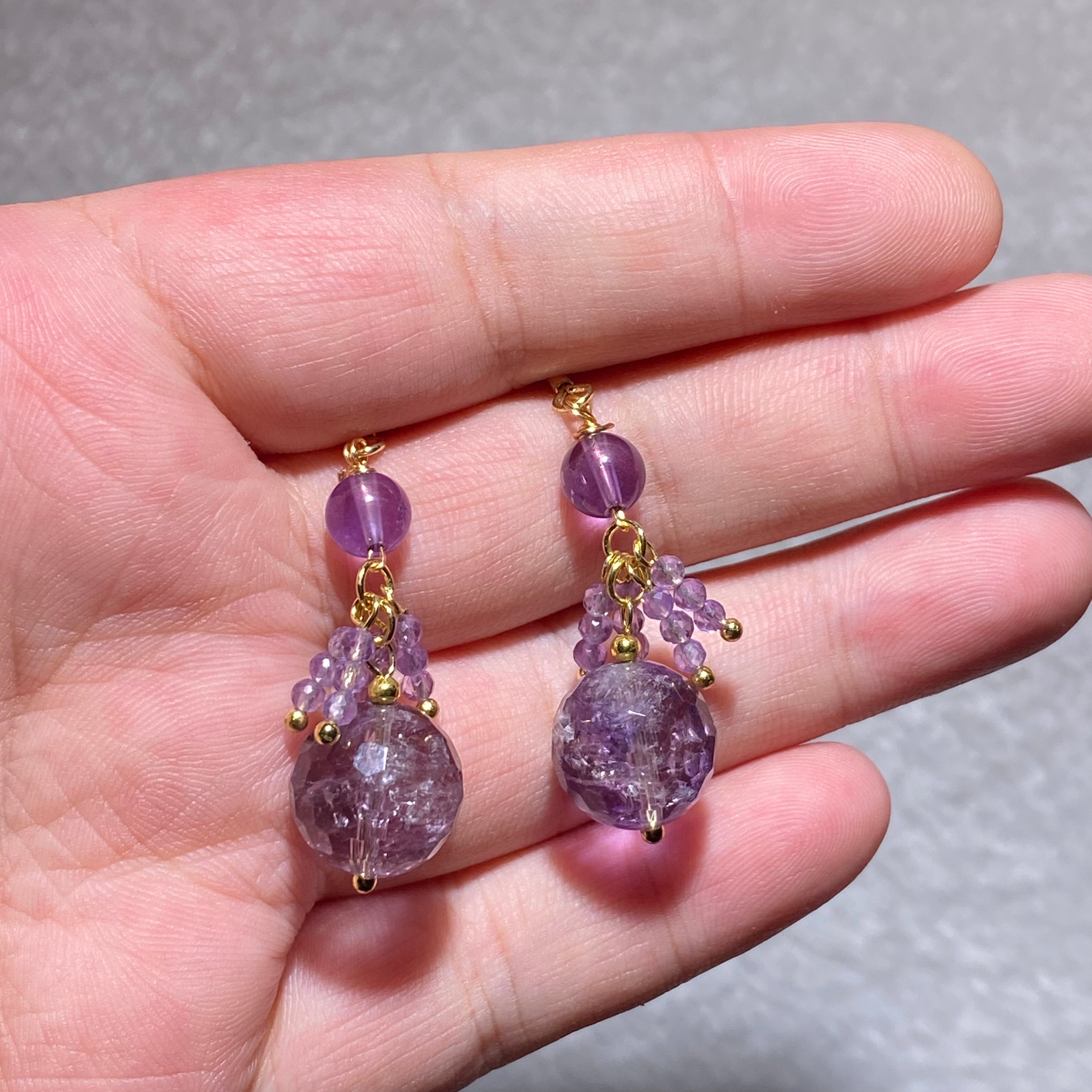 Large Faceted Transparent Lavender Natural Amethyst Tassel Cluster Long Drop Hook Earrings Gold Plated Elegant Serene Third Eye Crystal Dangle Earrings