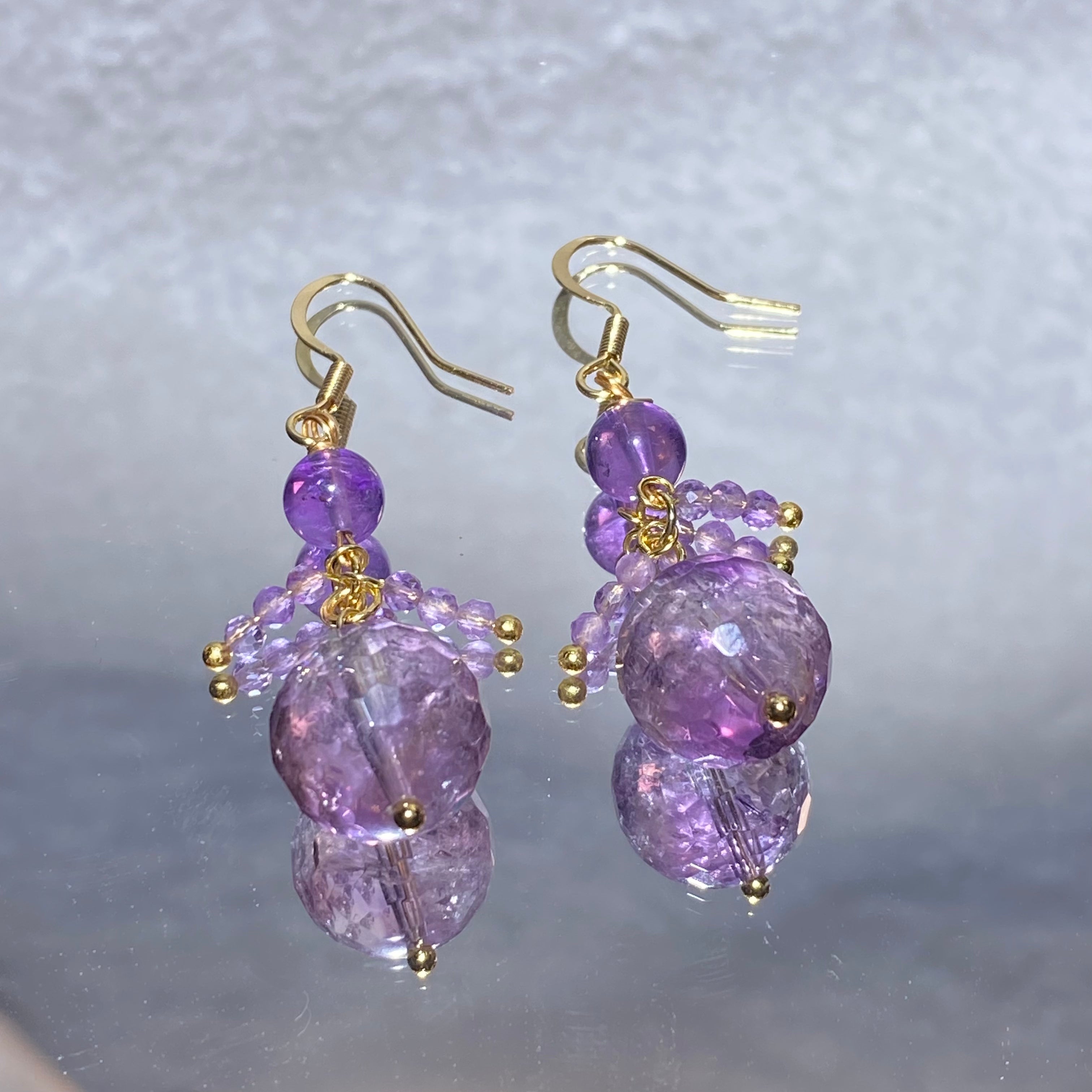 Large Faceted Transparent Lavender Natural Amethyst Tassel Cluster Long Drop Hook Earrings Gold Plated Elegant Serene Third Eye Crystal Dangle Earrings