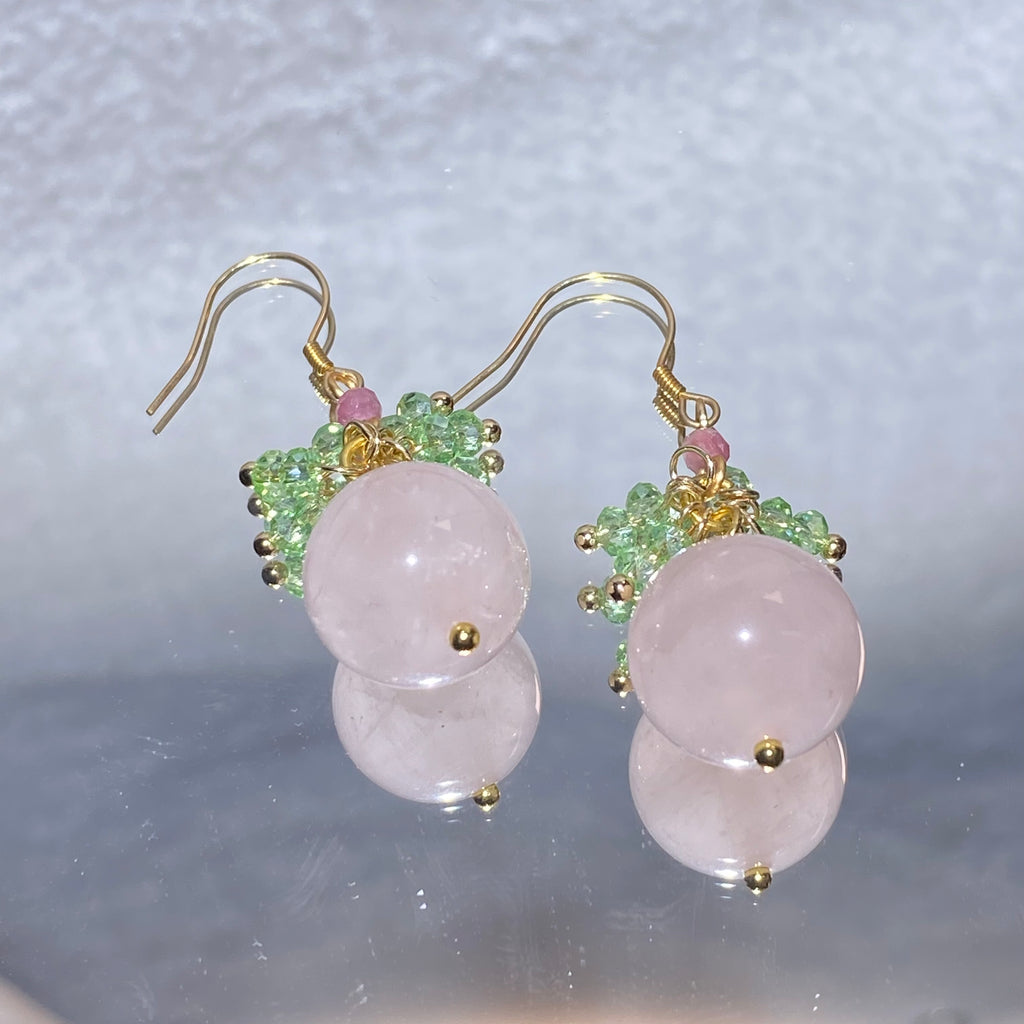 Oversize Smooth Milky Pale Pink Rose Quartz Floral Cluster Drop Hook Earrings With Fresh Peridot & Aquamarine Mini Beads Gold Plated Lightweight Soft Pastel Summer Crystal Dangle Earrings