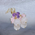 Hand Carved Milky Natural Rose Quartz Rose Flower Drop Hook Earrings With Round Amethyst & Mini Pink Crystal Cluster Gold Plated Lightweight Romantic Dangle Earrings