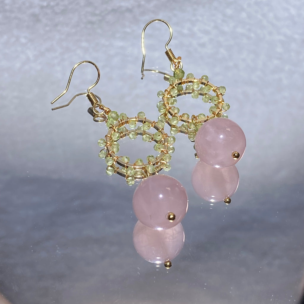 Dual Round Milky Natural Rose Quartz Drop Hook Earrings With Hand Woven Peridot Circle Frame Gold Plated Gentle Pastel Lightweight Layered Dangle Earrings