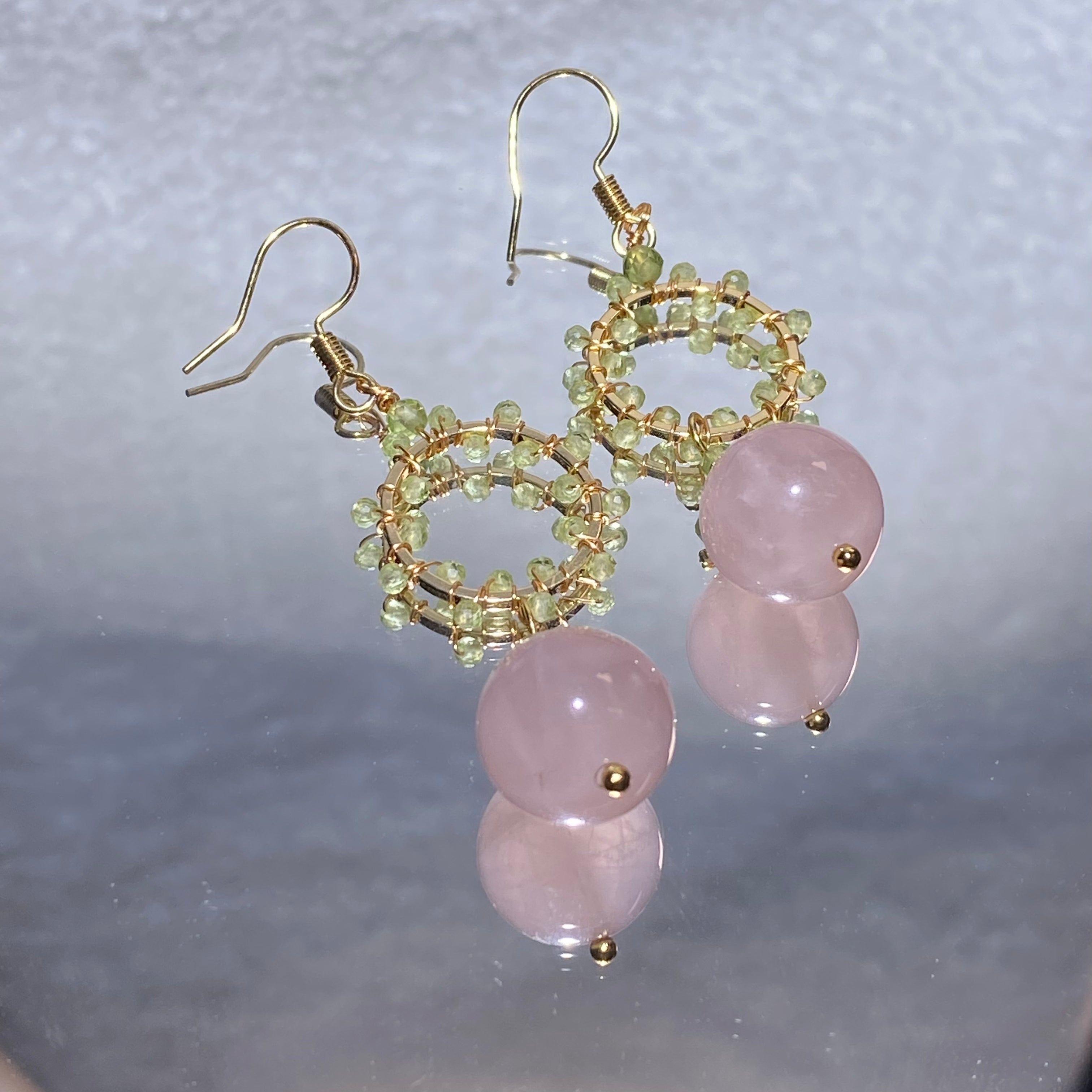 Dual Round Milky Natural Rose Quartz Drop Hook Earrings With Hand Woven Peridot Circle Frame Gold Plated Gentle Pastel Lightweight Layered Dangle Earrings