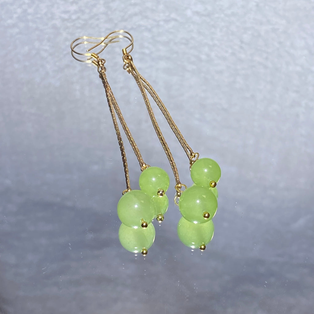 Two Round Natural Translucent Mint Light Green Prehnite Asymmetrical Long Thin Chain Tassel Hook Drop Earrings Gold Plated Lightweight Fresh Summer Calming Crystal Dangle Earrings