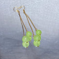 Two Round Natural Translucent Mint Light Green Prehnite Asymmetrical Long Thin Chain Tassel Hook Drop Earrings Gold Plated Lightweight Fresh Summer Calming Crystal Dangle Earrings
