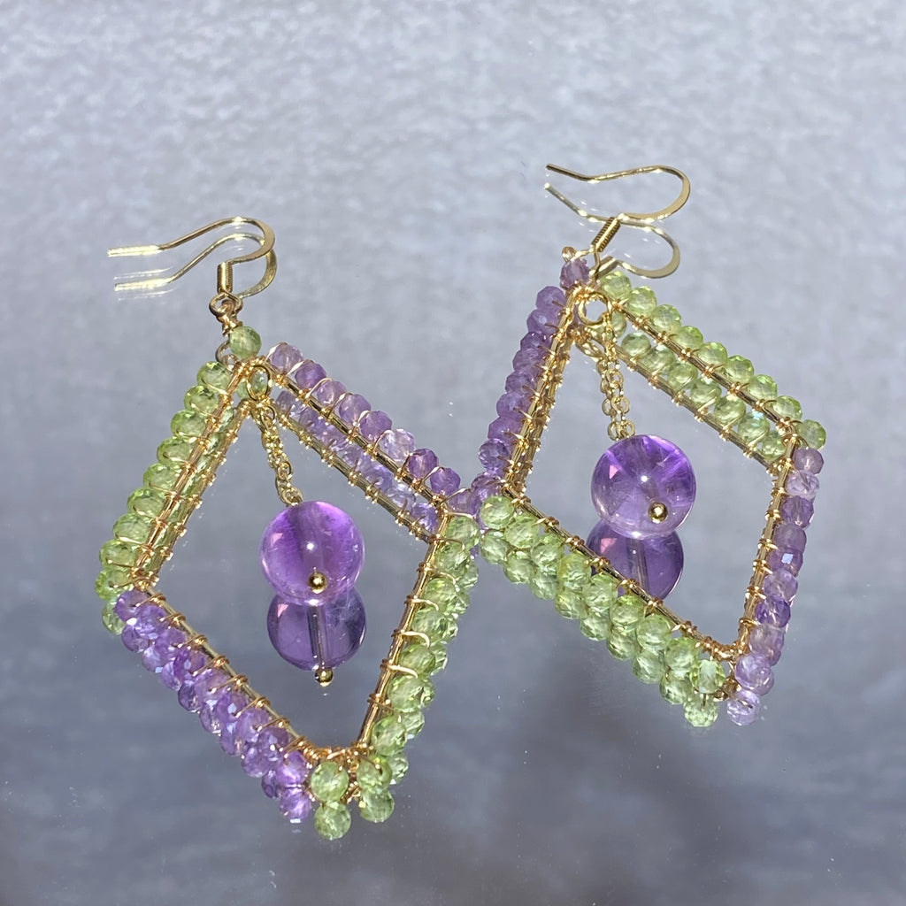 Hand Wire Woven Dual Natural Peridot & Amethyst Rhombus Hollow Frame Drop Hook Earrings Gold Plated Fresh Purple & Lime Green Geometric Layered Crystal Dangle Earrings