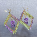 Hand Wire Woven Dual Natural Peridot & Amethyst Rhombus Hollow Frame Drop Hook Earrings Gold Plated Fresh Purple & Lime Green Geometric Layered Crystal Dangle Earrings