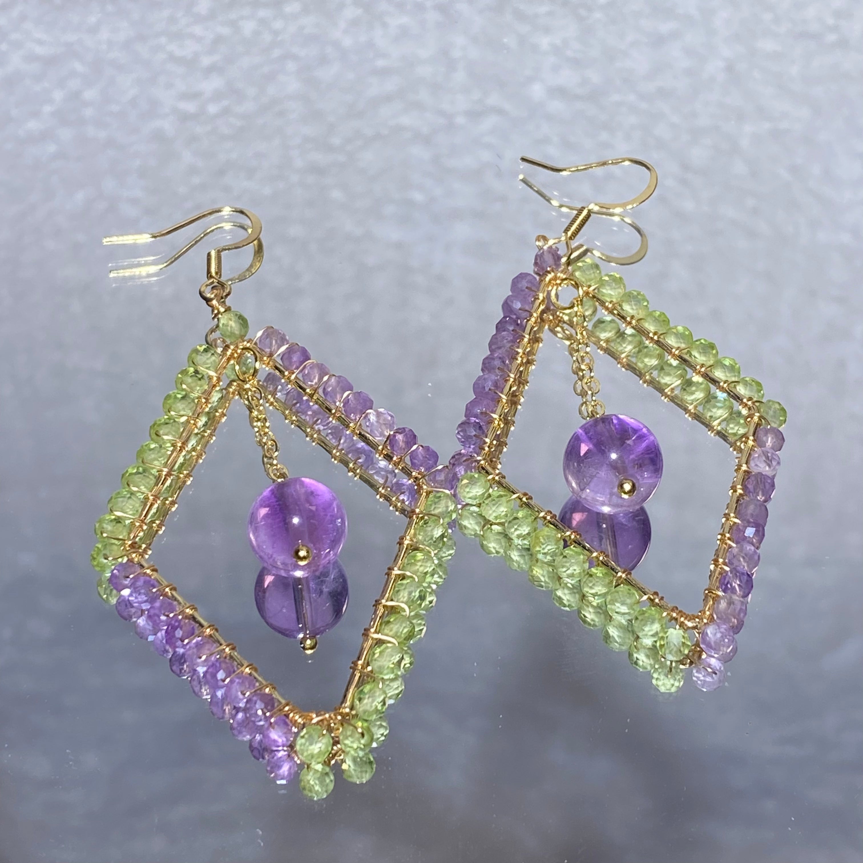 Hand Wire Woven Dual Natural Peridot & Amethyst Rhombus Hollow Frame Drop Hook Earrings Gold Plated Fresh Purple & Lime Green Geometric Layered Crystal Dangle Earrings