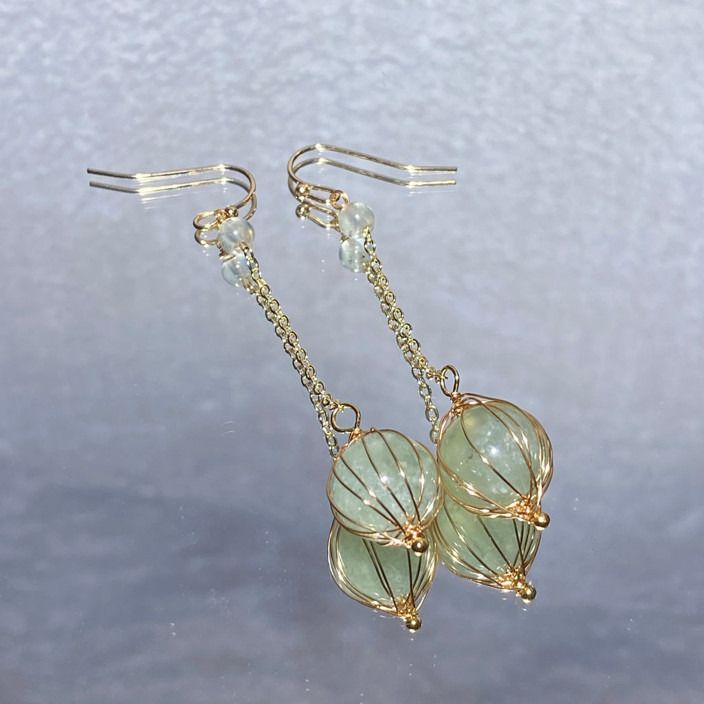 Elegant Natural Prehnite Floral Bud Hand Wire Wrapped Long Chain Drop Earrings Gold Plated Fresh Calming Healing Crystal Dangle Earrings