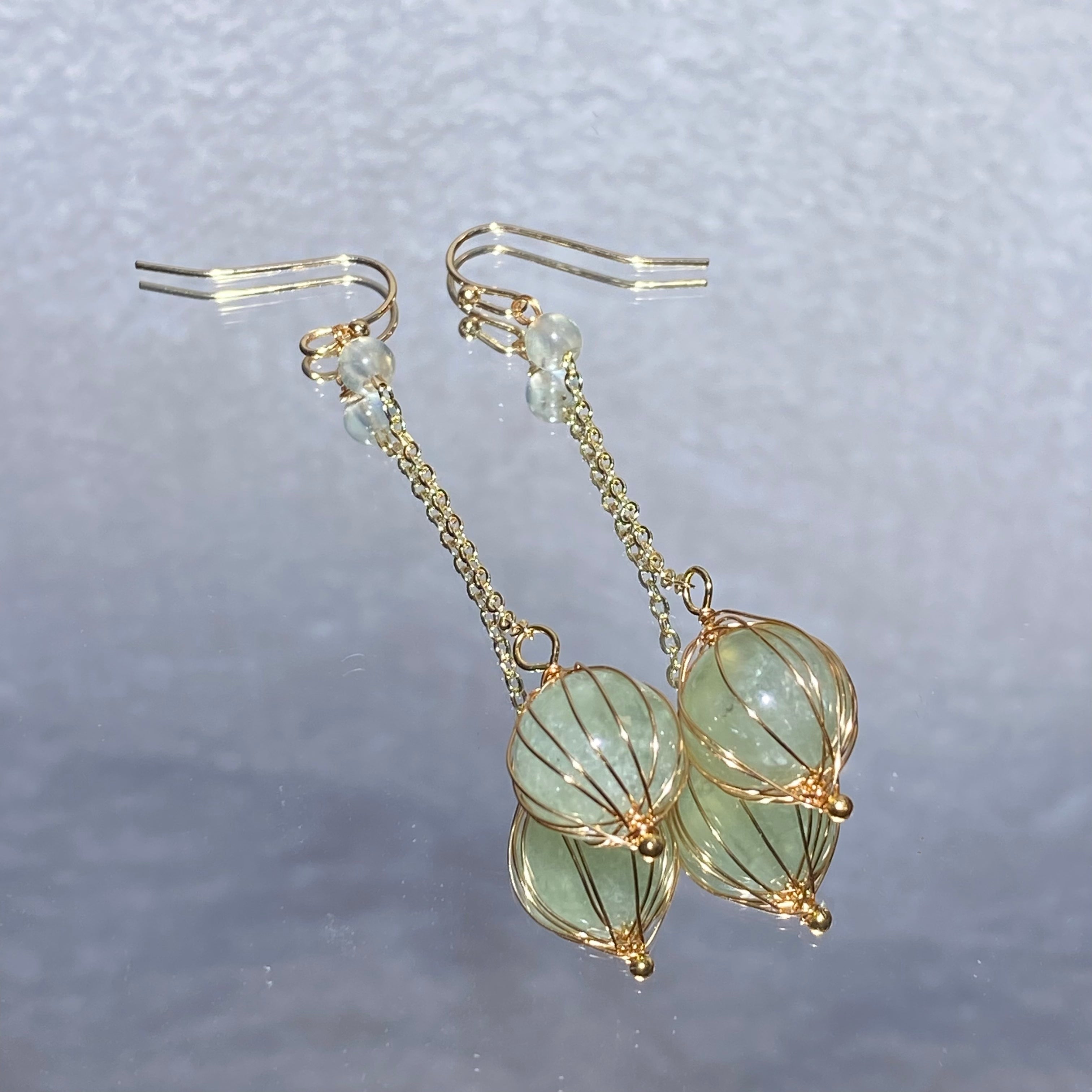 Elegant Natural Prehnite Floral Bud Hand Wire Wrapped Long Chain Drop Earrings Gold Plated Fresh Calming Healing Crystal Dangle Earrings