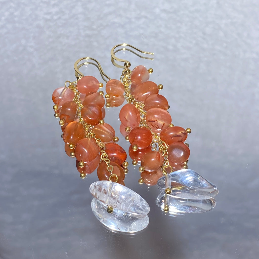 Gradient Sunset Orange Natural Red Agate Grape Cluster Multi-Strand Tassel Drop Hook Earrings With Double Stack Polished Freeform Clear Quartz Teardrop Pendant Gold Plated Warm Autumn Vitality Sacral Chakra Crystal Dangle Earrings
