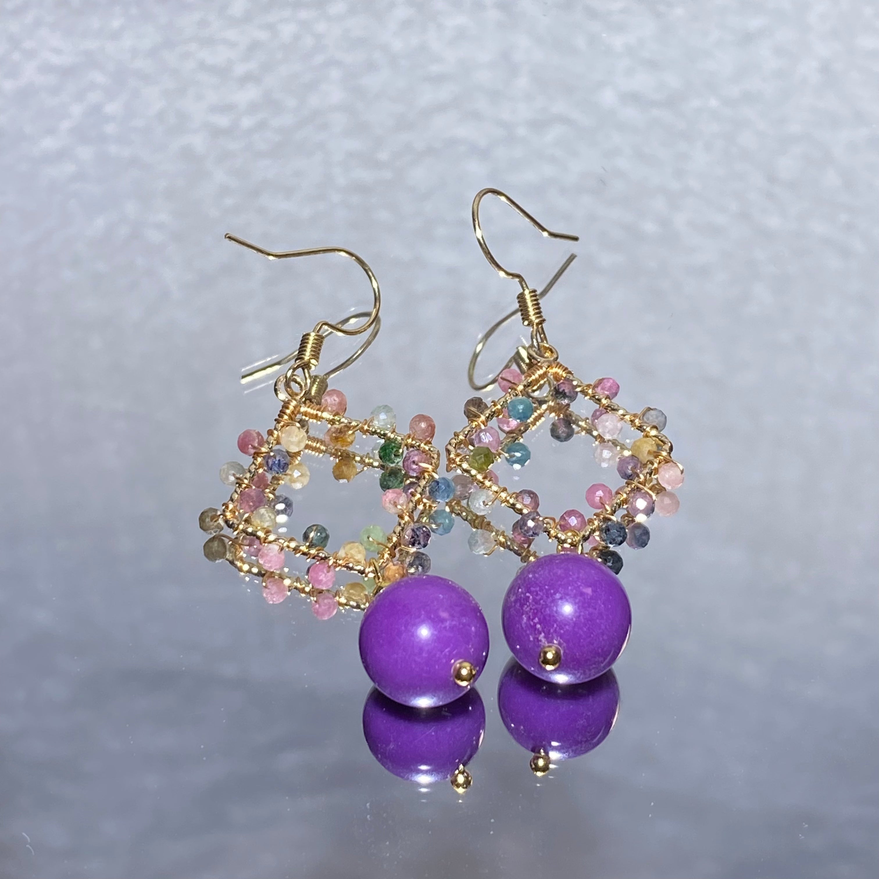 Hand Wire Wrapped Rainbow Multi-Color Tourmaline Hollow Rhombus Frame Drop Hook Earrings With Large Smooth Natural Violet Sugilite Pendant Gold Plated Bold Two-Tone Geometric Crystal Dangle Earrings