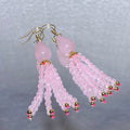 Smooth Milky Pale Pink Rose Quartz Teardrop Multi-Strand Mini Faceted Crystal Tassel Drop Hook Earrings Gold Plated Lightweight Romantic Heart Chakra Pastel Pink Dangle Earrings